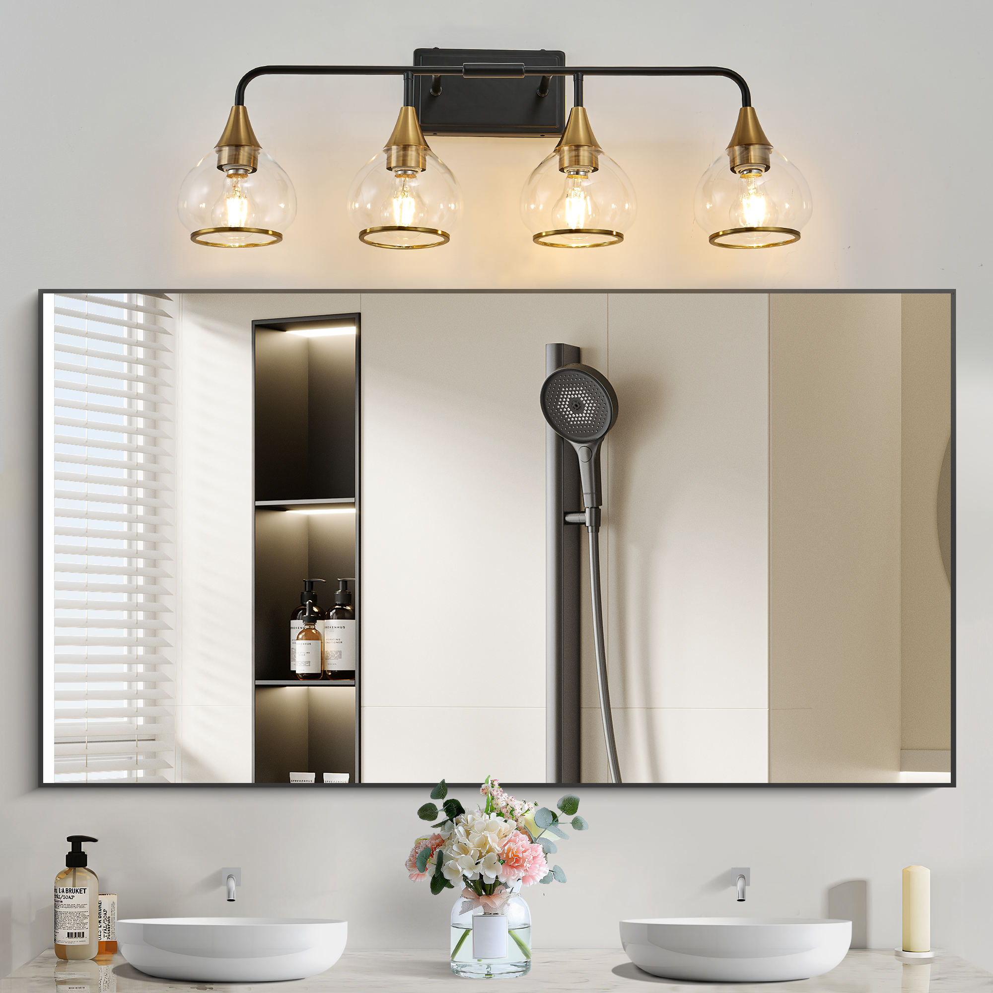 31" Modern 4-Light Vanity Wall Sconce - Black and Gold Bathroom Light Fixture with Clear Glass Shades, Industrial Wall Mounted Lamp for Mirror, Vanity, and Living Spaces (Bulb Not Included) - Image 2