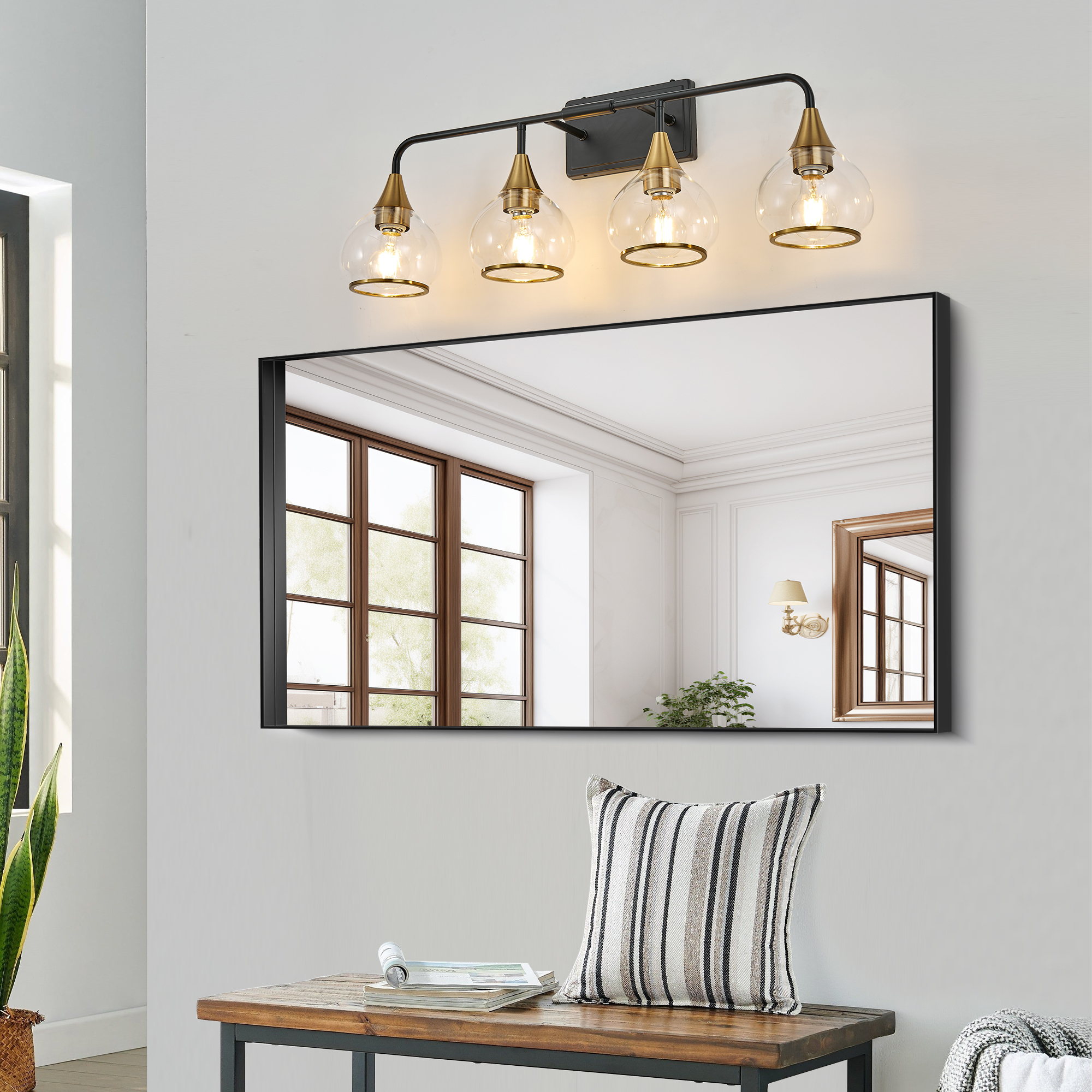 31" Modern 4-Light Vanity Wall Sconce - Black and Gold Bathroom Light Fixture with Clear Glass Shades, Industrial Wall Mounted Lamp for Mirror, Vanity, and Living Spaces (Bulb Not Included) - Image 3