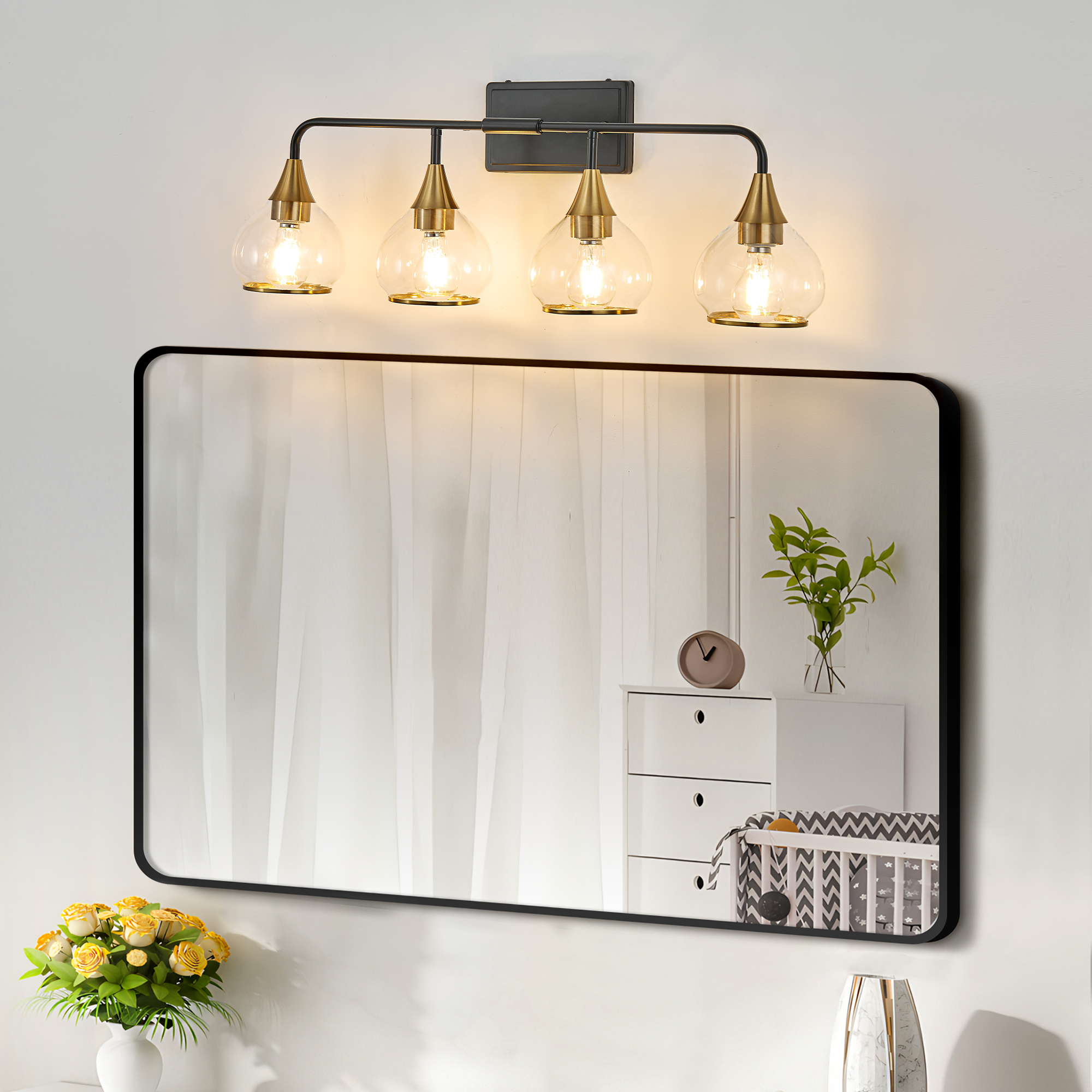 31" Modern 4-Light Vanity Wall Sconce - Black and Gold Bathroom Light Fixture with Clear Glass Shades, Industrial Wall Mounted Lamp for Mirror, Vanity, and Living Spaces (Bulb Not Included) - Image 4