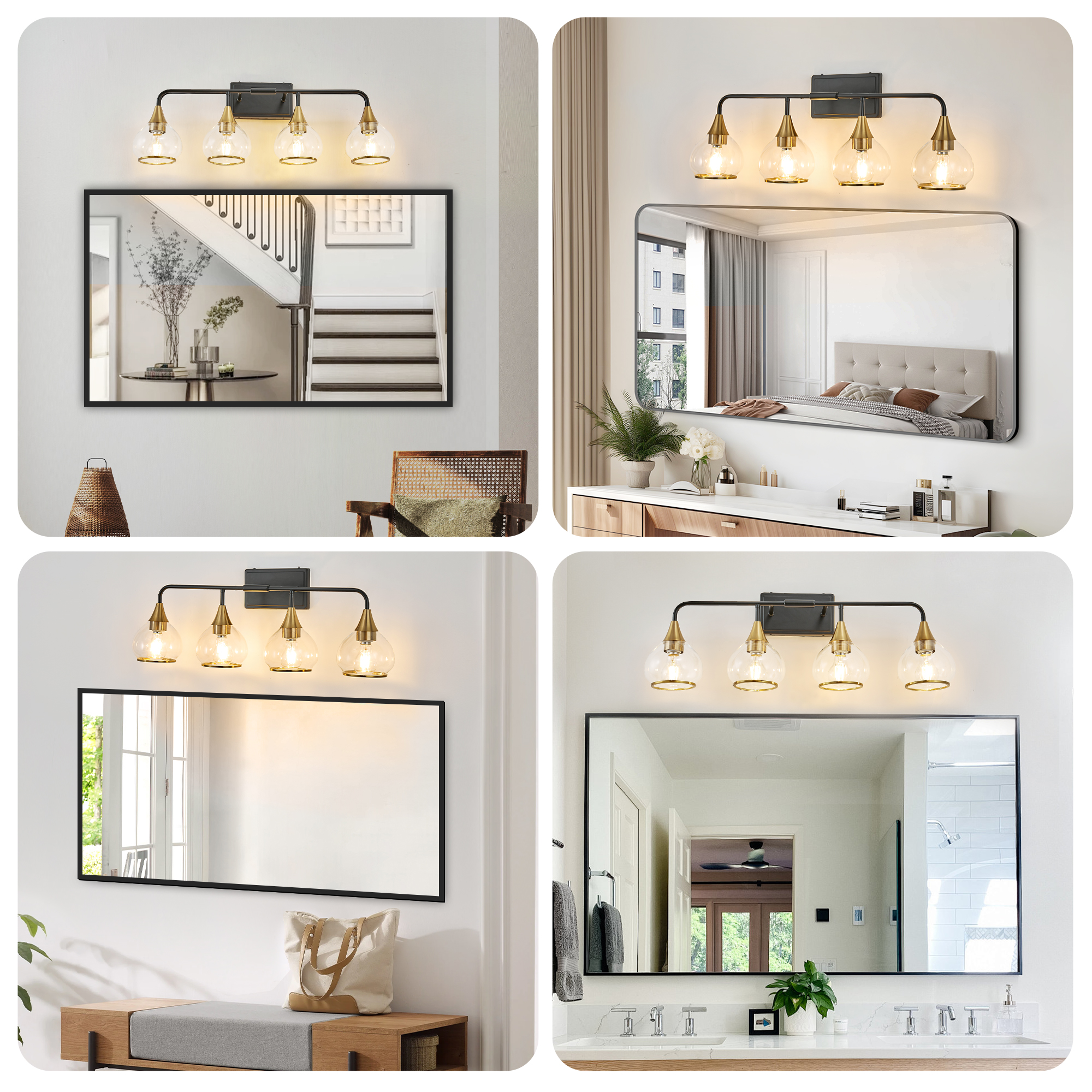 31" Modern 4-Light Vanity Wall Sconce - Black and Gold Bathroom Light Fixture with Clear Glass Shades, Industrial Wall Mounted Lamp for Mirror, Vanity, and Living Spaces (Bulb Not Included) - Image 5