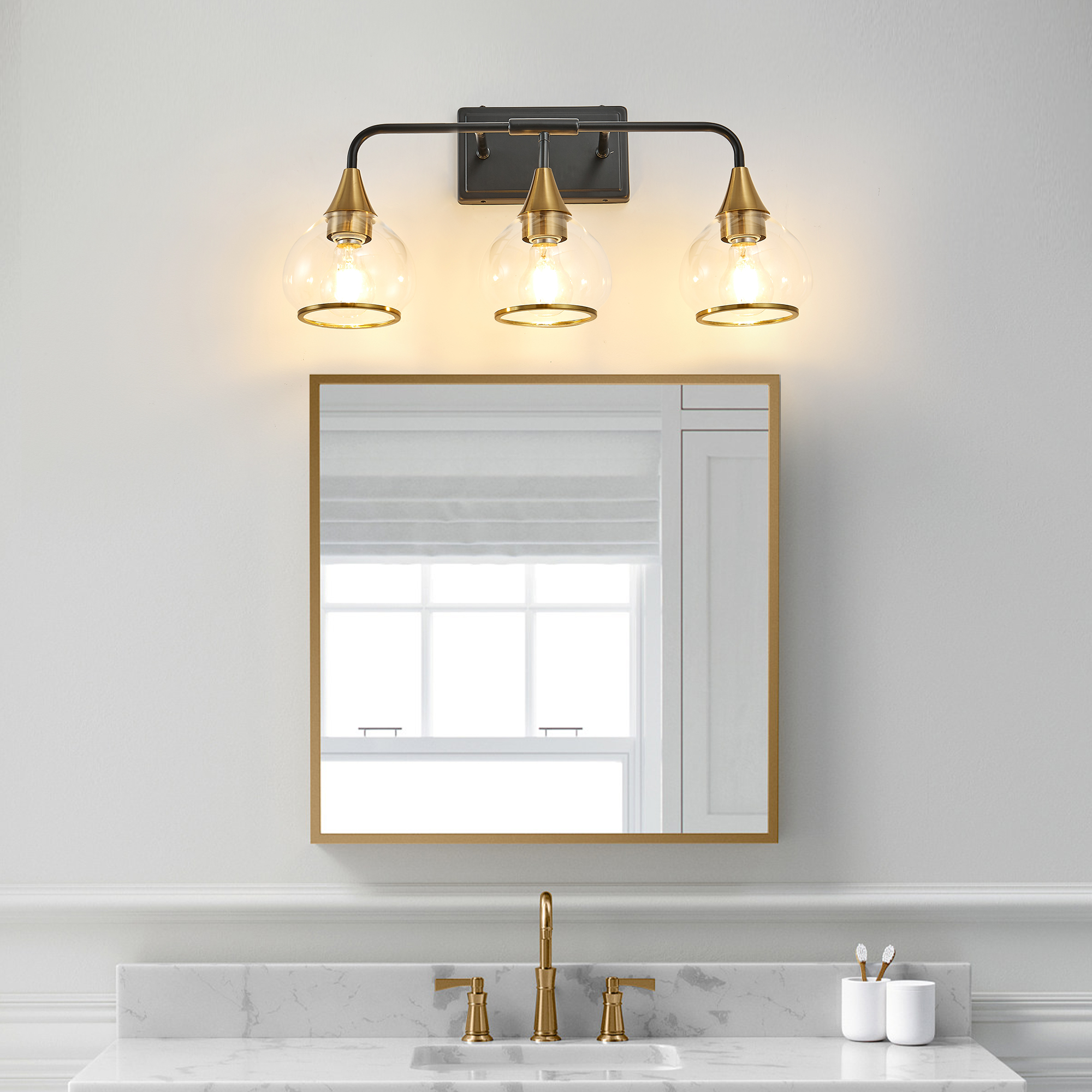 23" Modern 3-Light Vanity Wall Sconce - Black and Gold Bathroom Light Fixture with Clear Glass Shades, Industrial Wall Mounted Lamp for Mirror, Vanity, and Living Spaces (Bulb Not Included) - Image 2