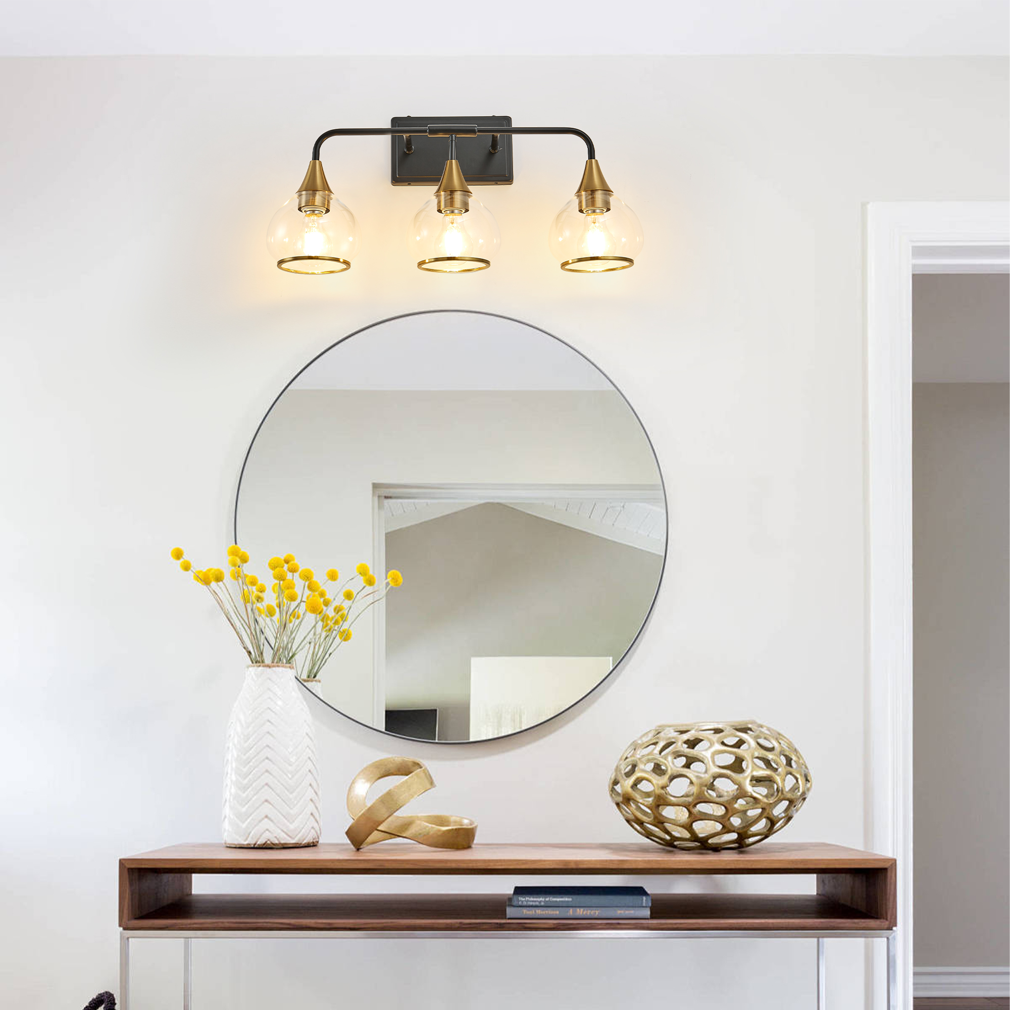 23" Modern 3-Light Vanity Wall Sconce - Black and Gold Bathroom Light Fixture with Clear Glass Shades, Industrial Wall Mounted Lamp for Mirror, Vanity, and Living Spaces (Bulb Not Included) - Image 4