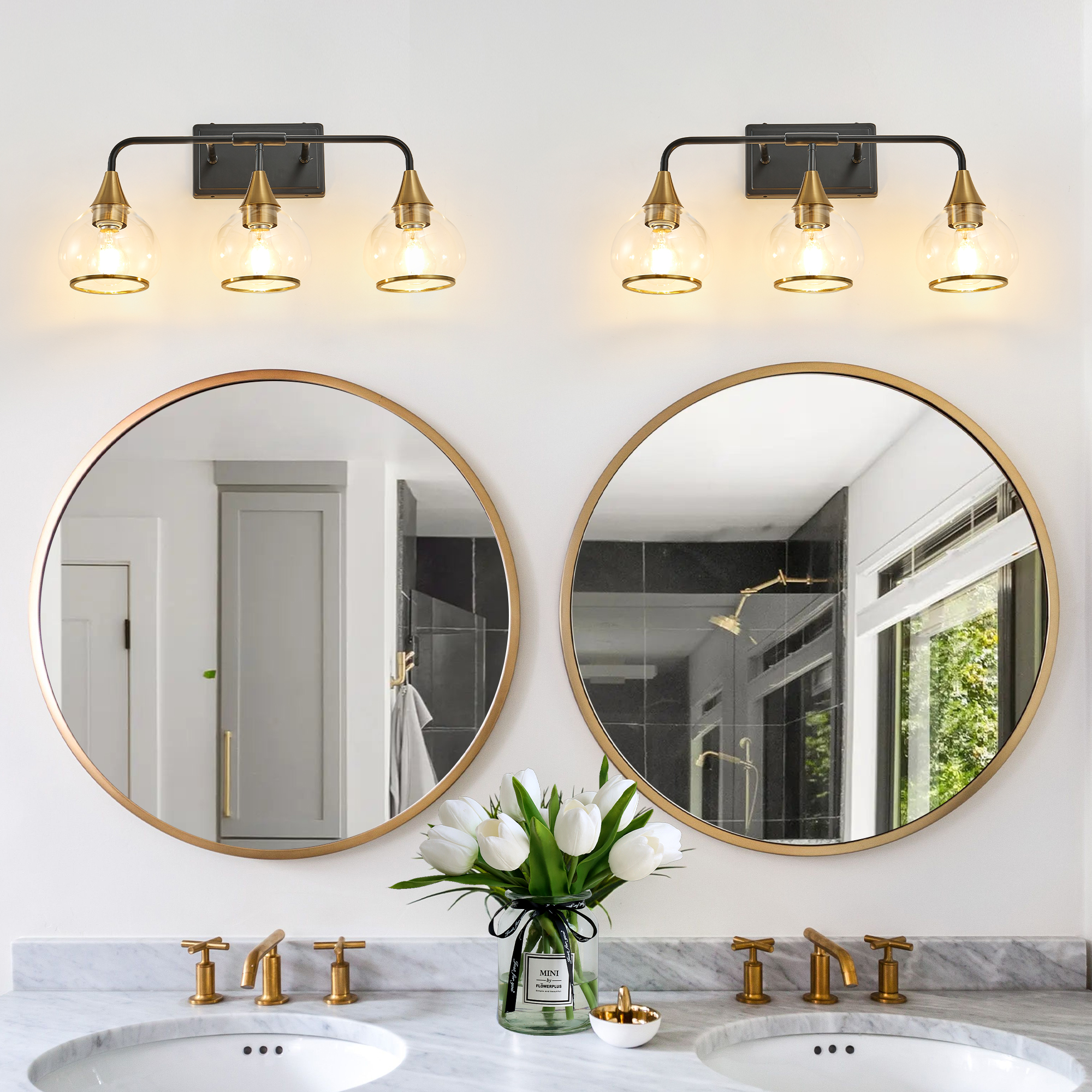 23" Modern 3-Light Vanity Wall Sconce - Black and Gold Bathroom Light Fixture with Clear Glass Shades, Industrial Wall Mounted Lamp for Mirror, Vanity, and Living Spaces (Bulb Not Included) - Image 5