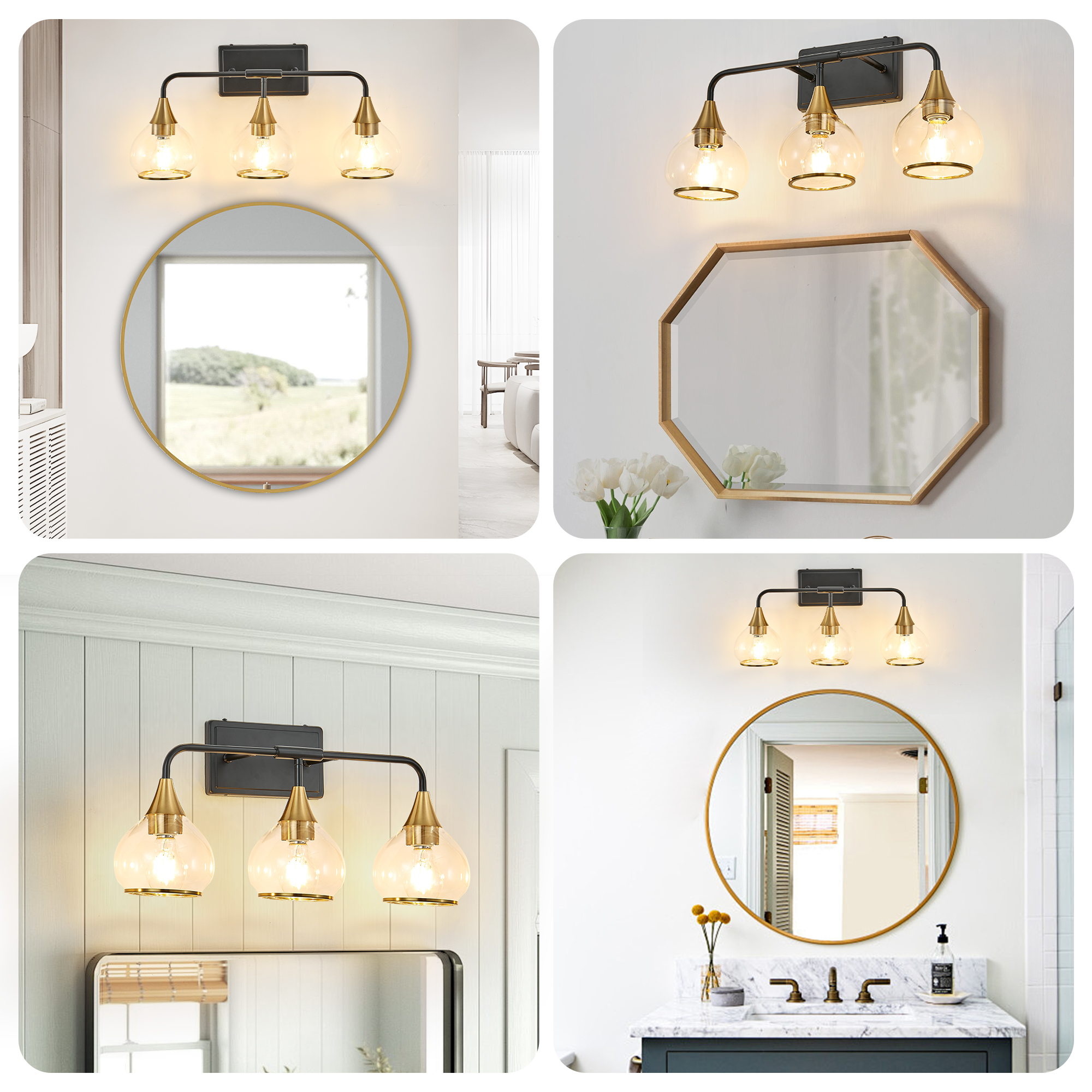 23" Modern 3-Light Vanity Wall Sconce - Black and Gold Bathroom Light Fixture with Clear Glass Shades, Industrial Wall Mounted Lamp for Mirror, Vanity, and Living Spaces (Bulb Not Included) - Image 6