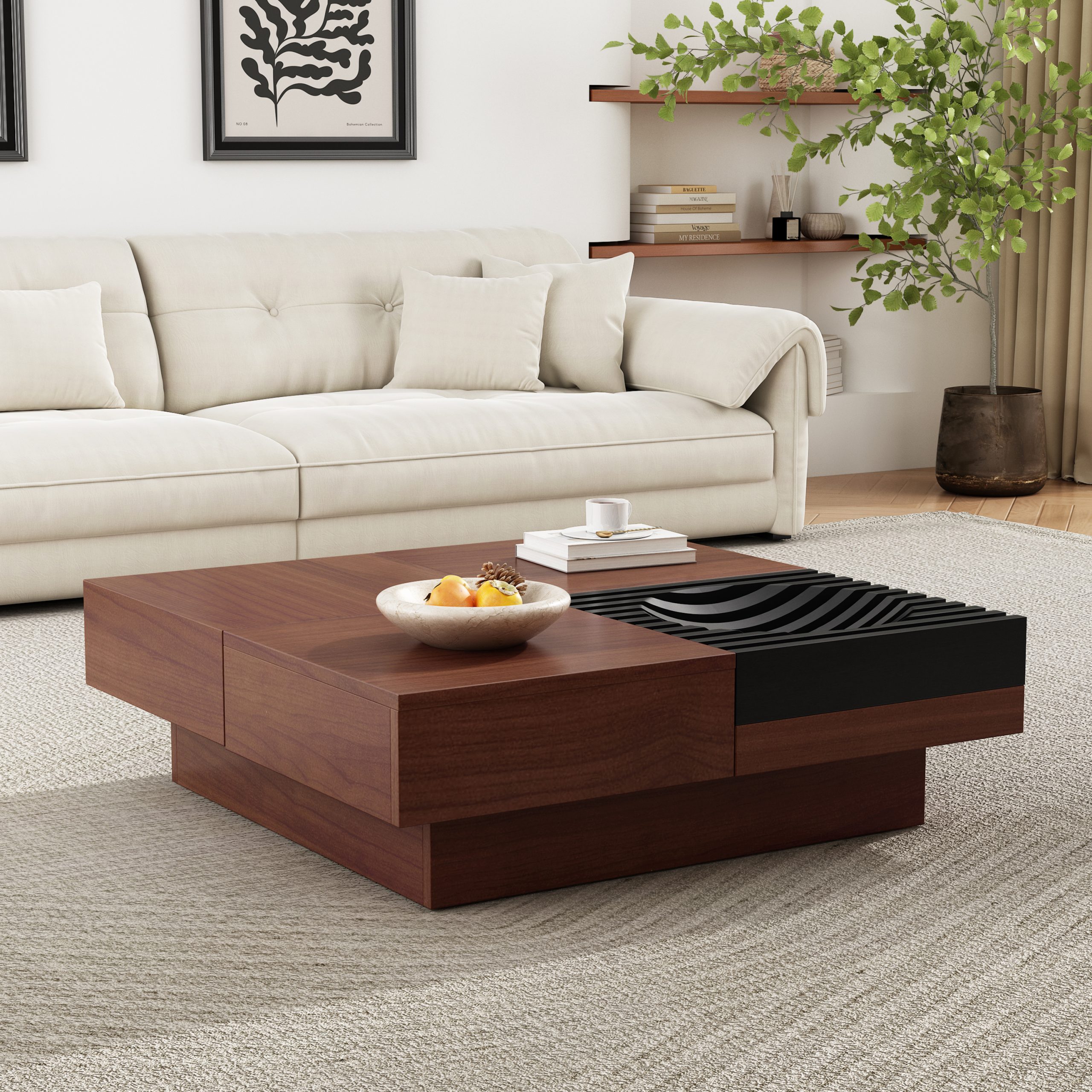ITALIAN RETRO - INSPIRED ACACIA WOOD STORAGE COFFEE TABLE ,BROWN & BLACK COLOR - Image 2