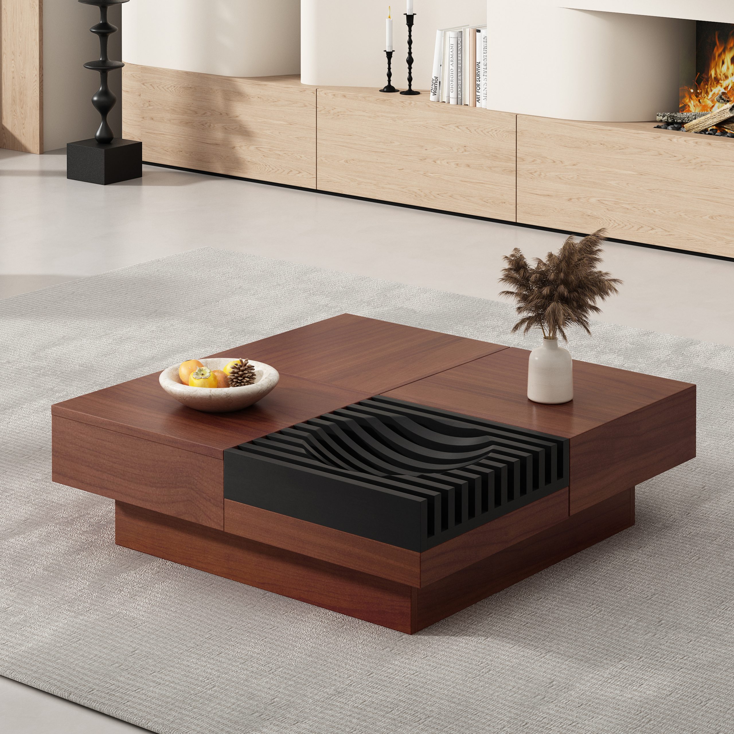 ITALIAN RETRO - INSPIRED ACACIA WOOD STORAGE COFFEE TABLE ,BROWN & BLACK COLOR - Image 3