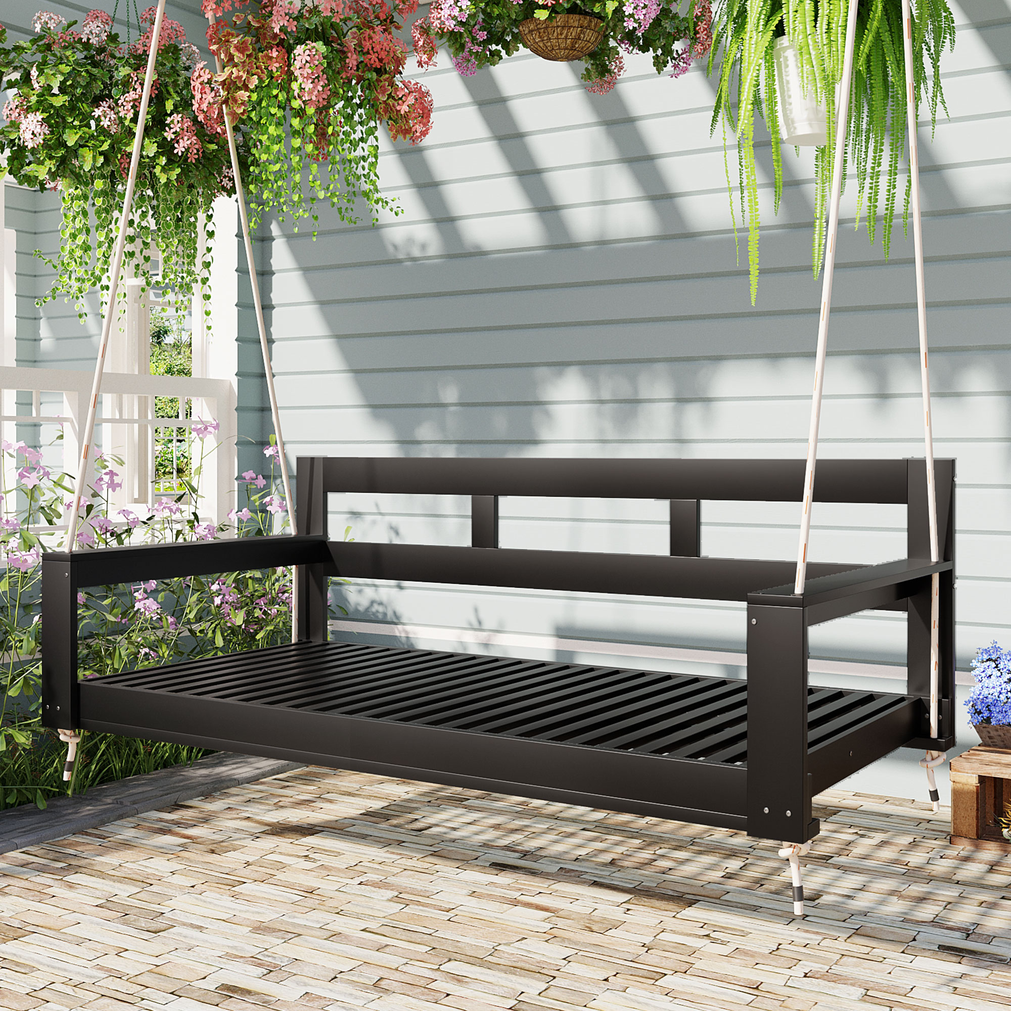 TOPMAX Patio Wooden Twin Size Porch Swing Daybed Frame, Garden Swing Bench Chair with 4 Hanging Ropes for Backyard,Outdoor,Black