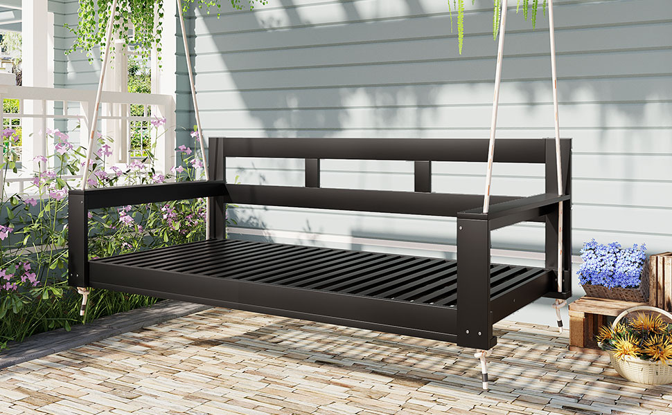 TOPMAX Patio Wooden Twin Size Porch Swing Daybed Frame, Garden Swing Bench Chair with 4 Hanging Ropes for Backyard,Outdoor,Black - Image 3