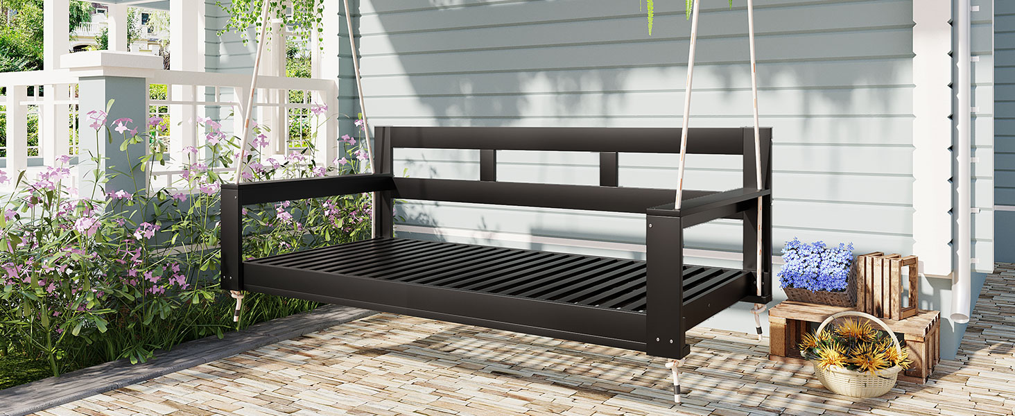 TOPMAX Patio Wooden Twin Size Porch Swing Daybed Frame, Garden Swing Bench Chair with 4 Hanging Ropes for Backyard,Outdoor,Black - Image 2