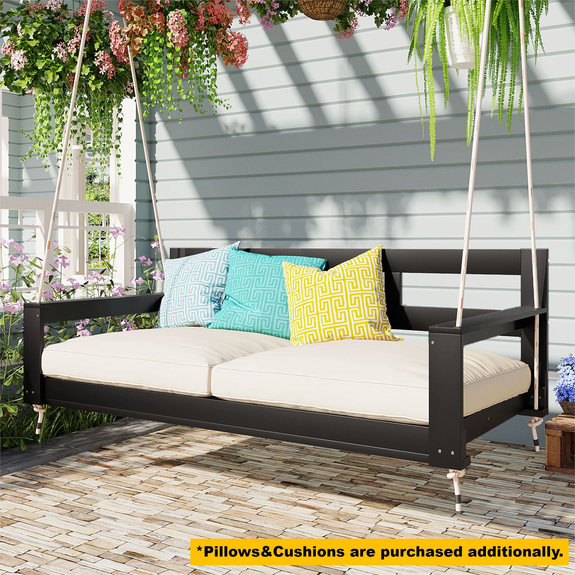 TOPMAX Patio Wooden Twin Size Porch Swing Daybed Frame, Garden Swing Bench Chair with 4 Hanging Ropes for Backyard,Outdoor,Black - Image 4