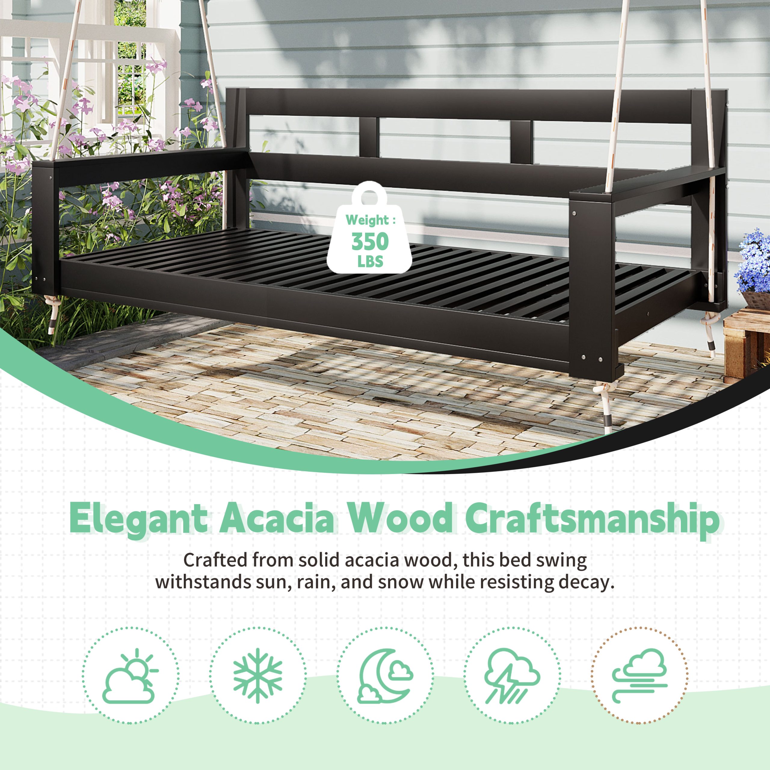 TOPMAX Patio Wooden Twin Size Porch Swing Daybed Frame, Garden Swing Bench Chair with 4 Hanging Ropes for Backyard,Outdoor,Black - Image 6