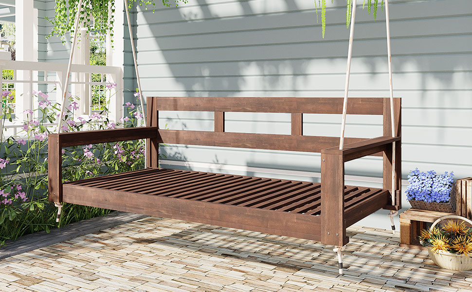 TOPMAX Patio Wooden Twin Size Porch Swing Daybed Frame, Garden Swing Bench Chair with 4 Hanging Ropes for Backyard,Outdoor,Brown - Image 2