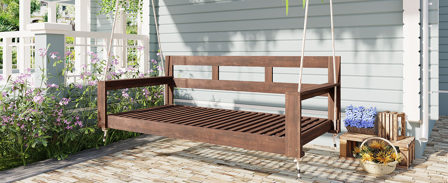 TOPMAX Patio Wooden Twin Size Porch Swing Daybed Frame, Garden Swing Bench Chair with 4 Hanging Ropes for Backyard,Outdoor,Brown - Image 3