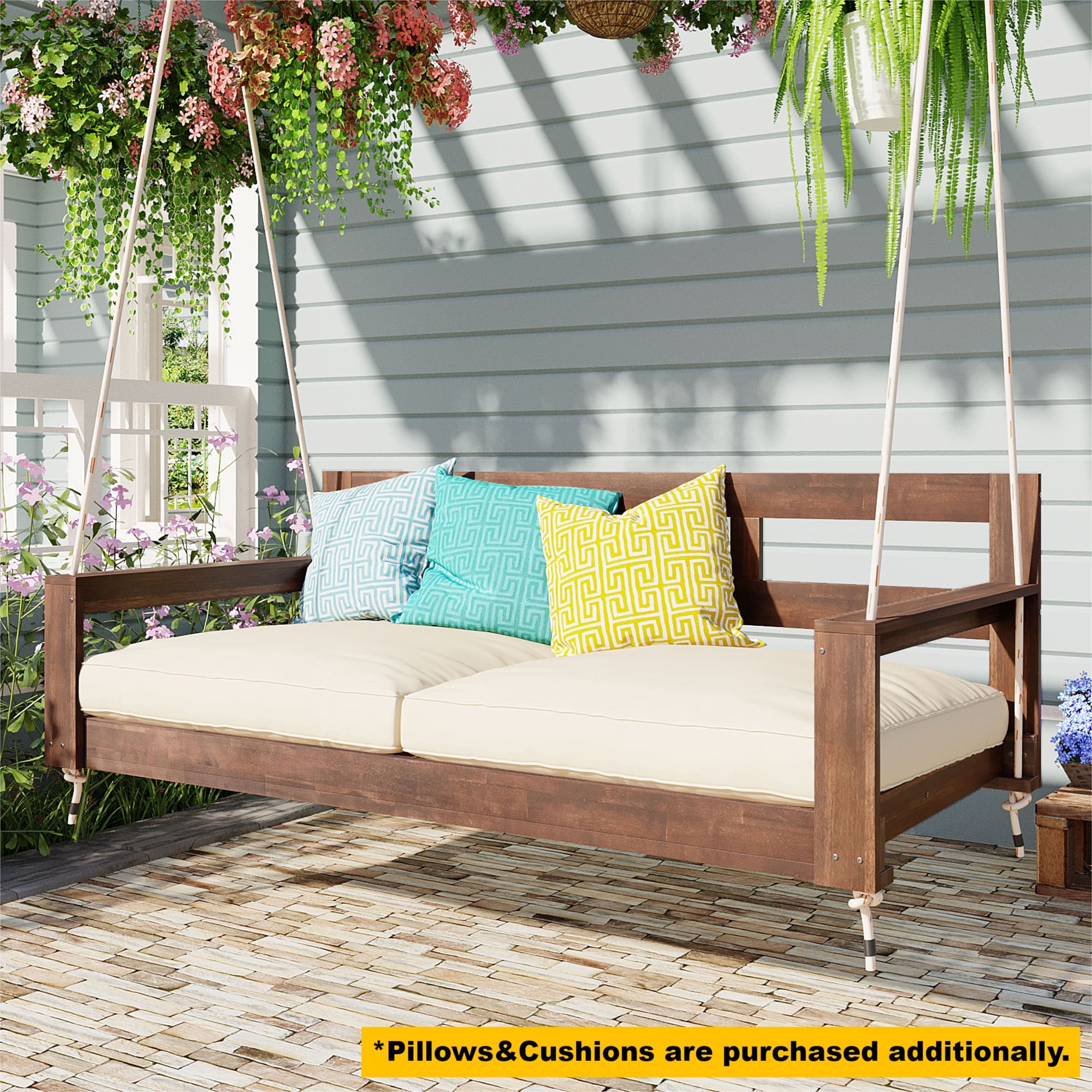 TOPMAX Patio Wooden Twin Size Porch Swing Daybed Frame, Garden Swing Bench Chair with 4 Hanging Ropes for Backyard,Outdoor,Brown - Image 4