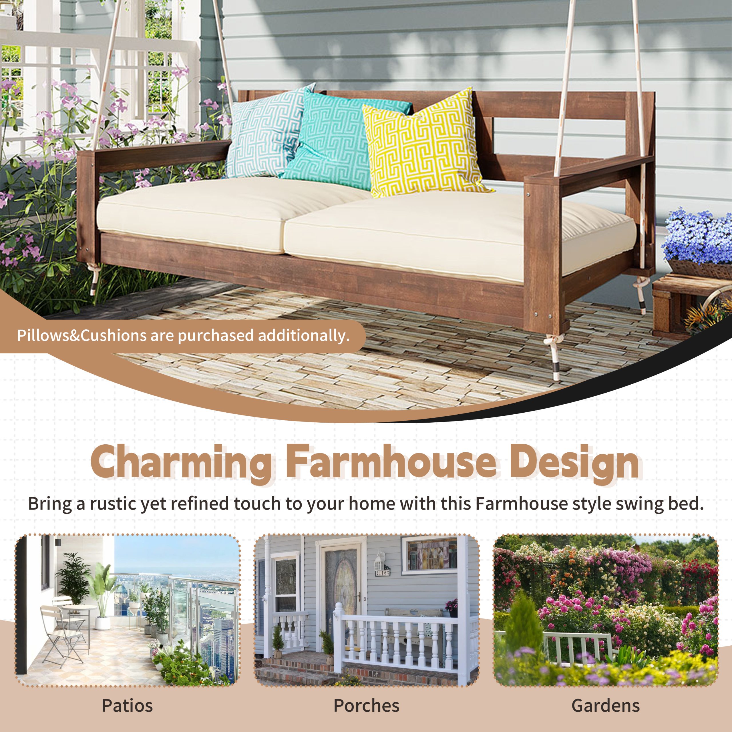 TOPMAX Patio Wooden Twin Size Porch Swing Daybed Frame, Garden Swing Bench Chair with 4 Hanging Ropes for Backyard,Outdoor,Brown - Image 5