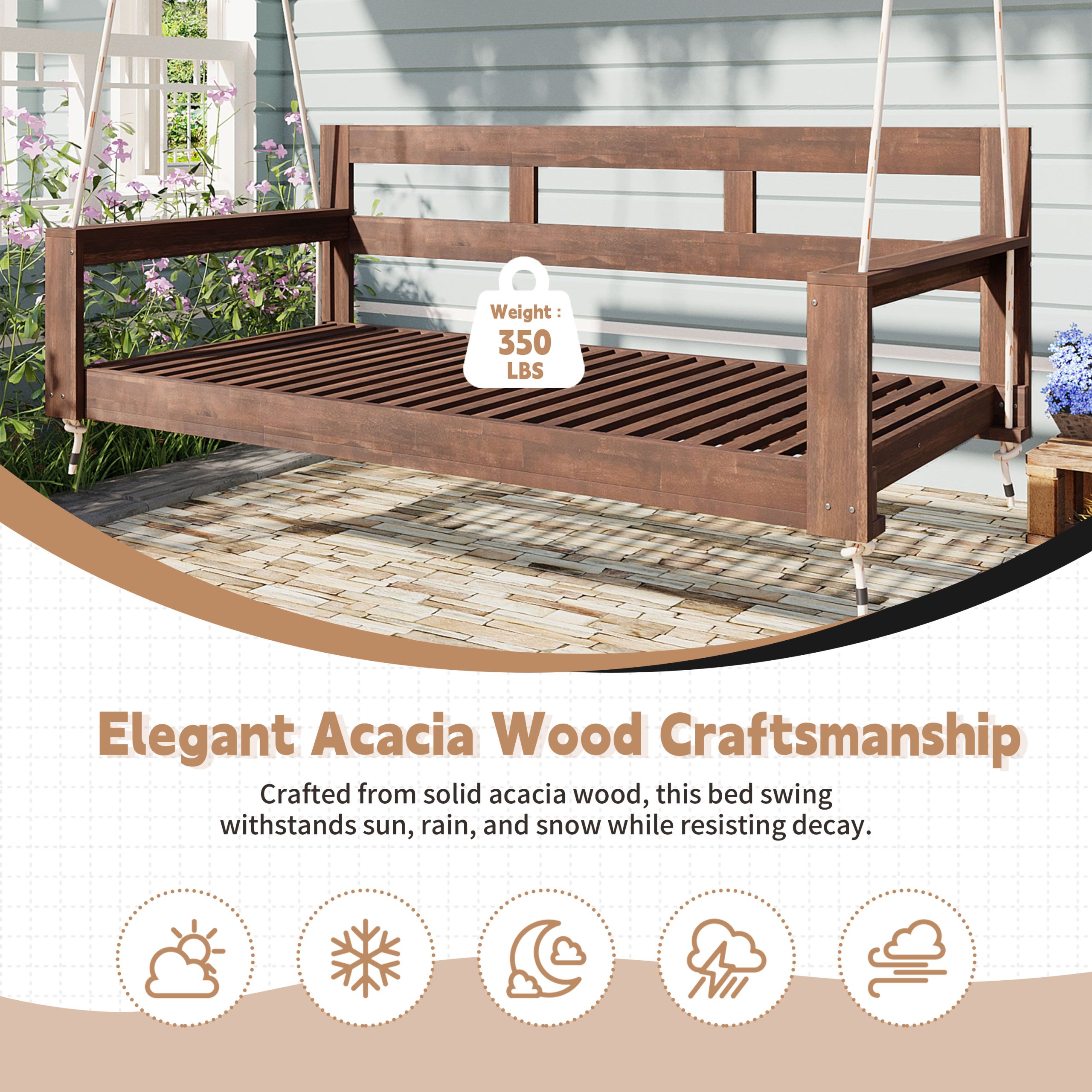 TOPMAX Patio Wooden Twin Size Porch Swing Daybed Frame, Garden Swing Bench Chair with 4 Hanging Ropes for Backyard,Outdoor,Brown - Image 6
