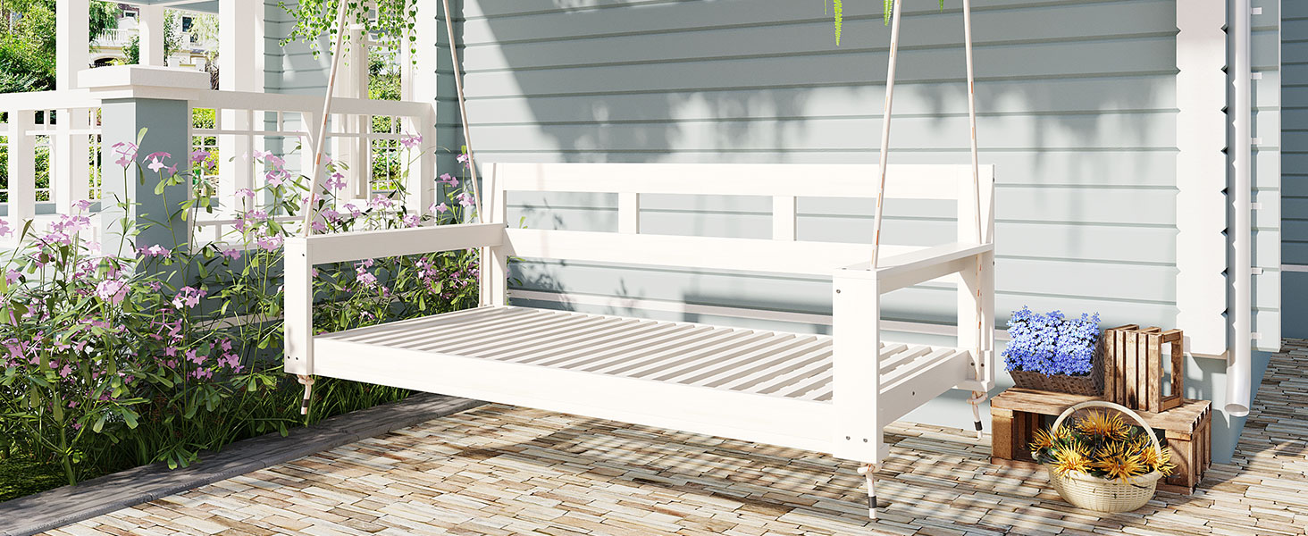 TOPMAX Patio Wooden Twin Size Porch Swing Daybed Frame, Garden Swing Bench Chair with 4 Hanging Ropes for Backyard,Outdoor,White - Image 2