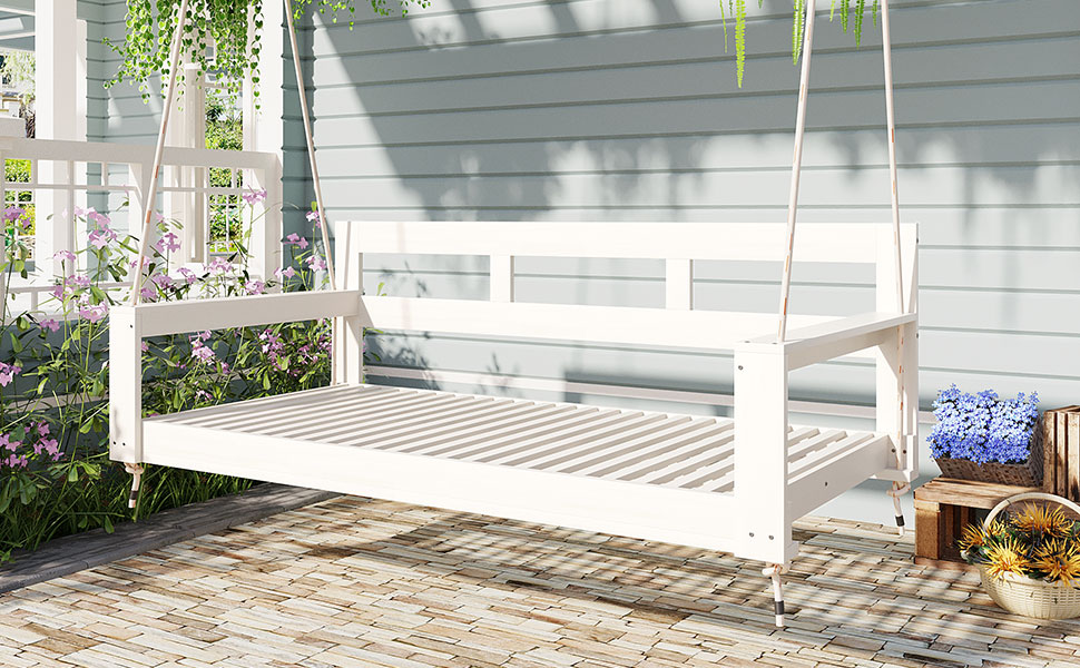 TOPMAX Patio Wooden Twin Size Porch Swing Daybed Frame, Garden Swing Bench Chair with 4 Hanging Ropes for Backyard,Outdoor,White - Image 3