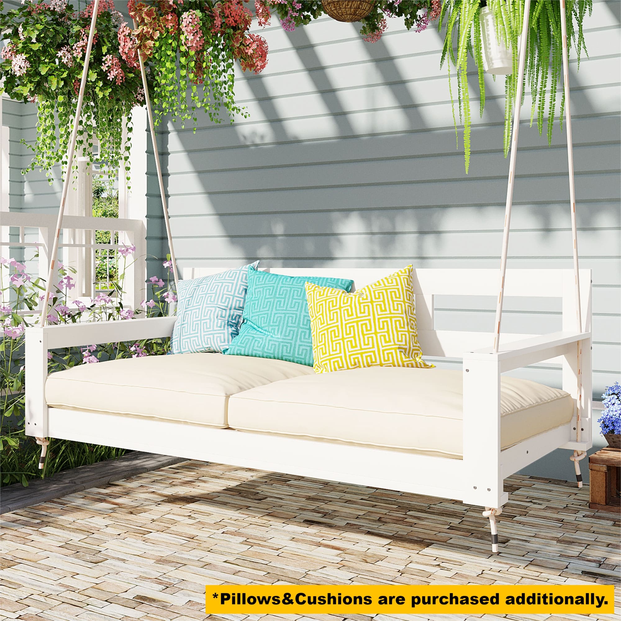 TOPMAX Patio Wooden Twin Size Porch Swing Daybed Frame, Garden Swing Bench Chair with 4 Hanging Ropes for Backyard,Outdoor,White - Image 4