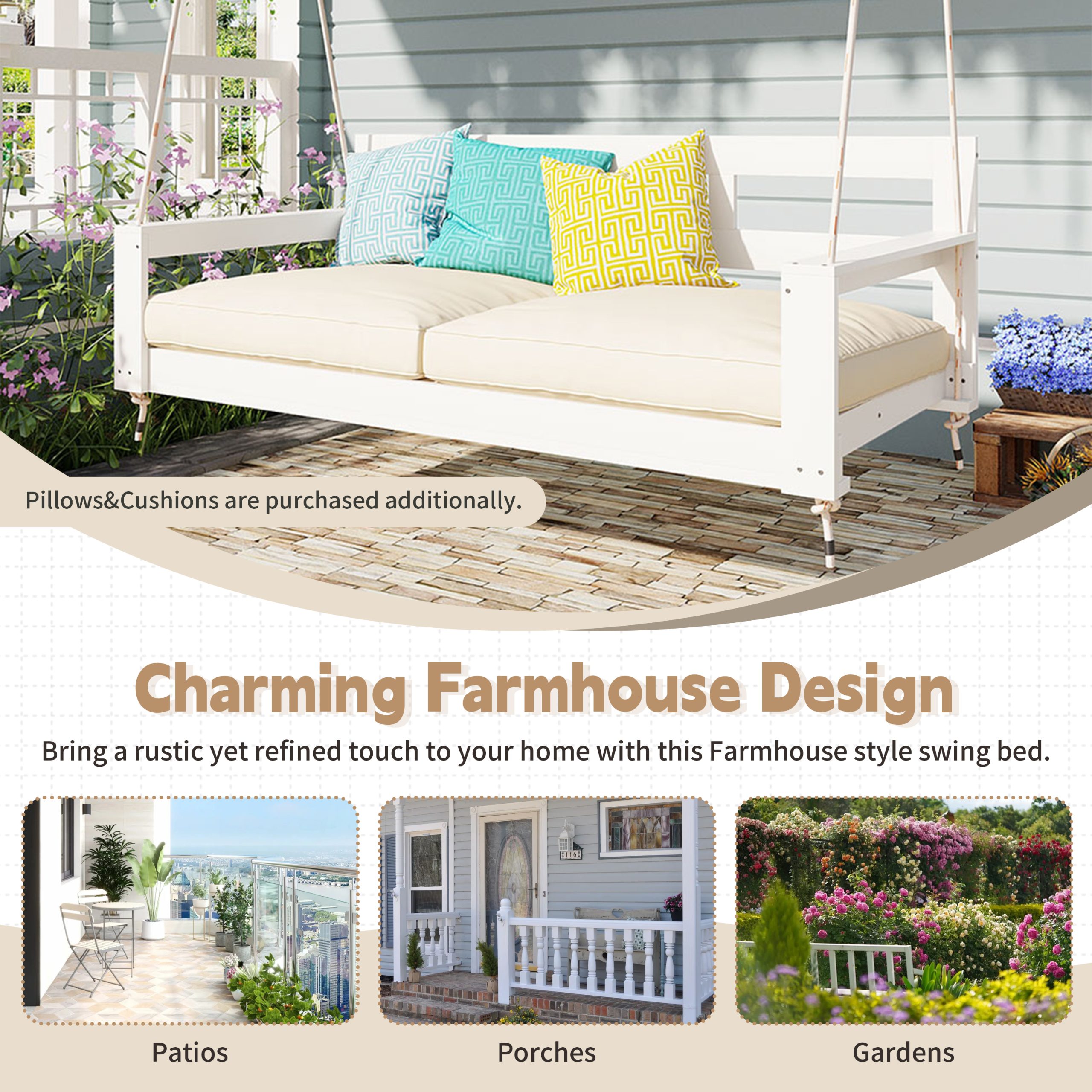 TOPMAX Patio Wooden Twin Size Porch Swing Daybed Frame, Garden Swing Bench Chair with 4 Hanging Ropes for Backyard,Outdoor,White - Image 5