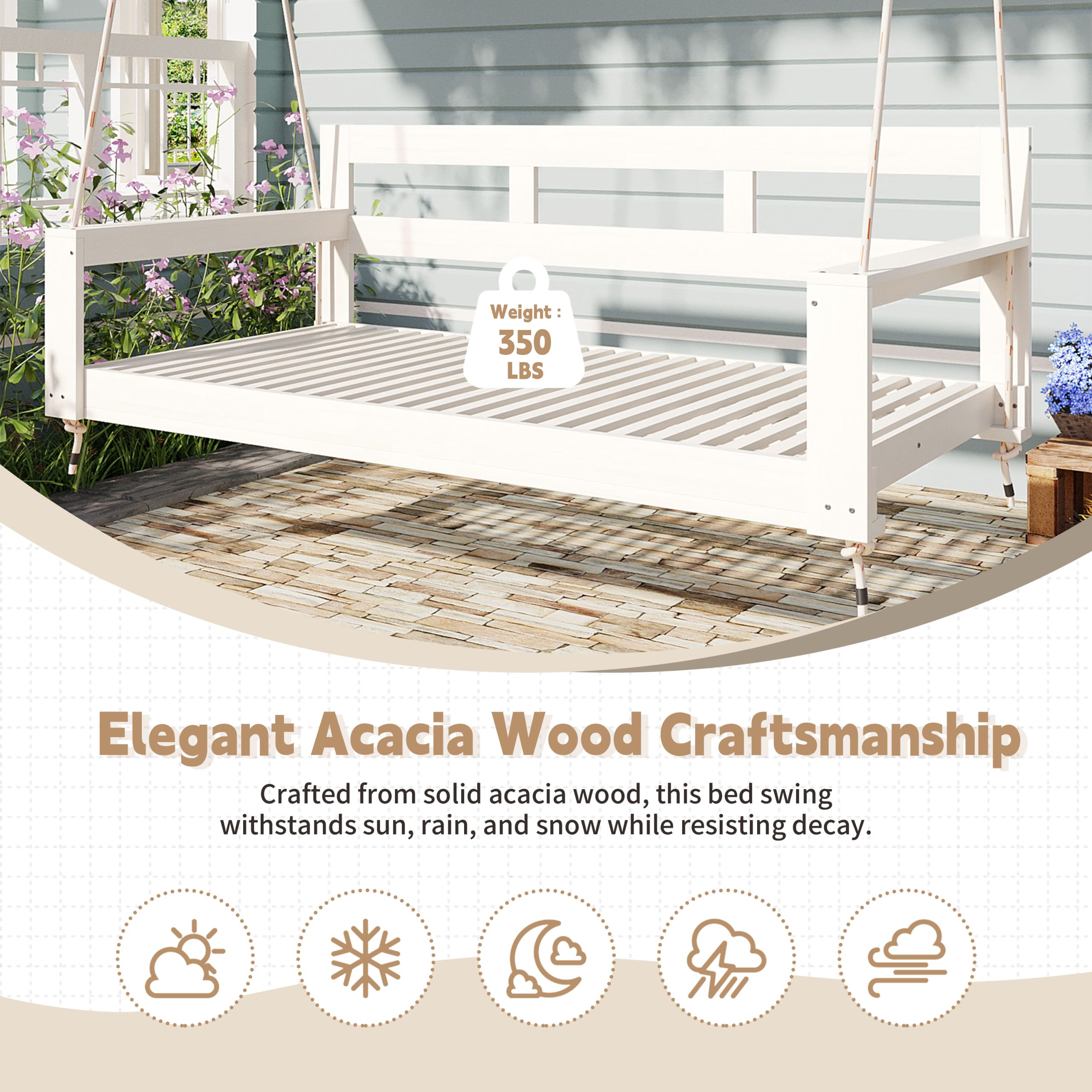 TOPMAX Patio Wooden Twin Size Porch Swing Daybed Frame, Garden Swing Bench Chair with 4 Hanging Ropes for Backyard,Outdoor,White - Image 6