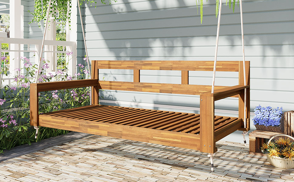 TOPMAX Patio Wooden Twin Size Porch Swing Daybed Frame, Garden Swing Bench Chair with 4 Hanging Ropes for Backyard,Outdoor,Natural - Image 2