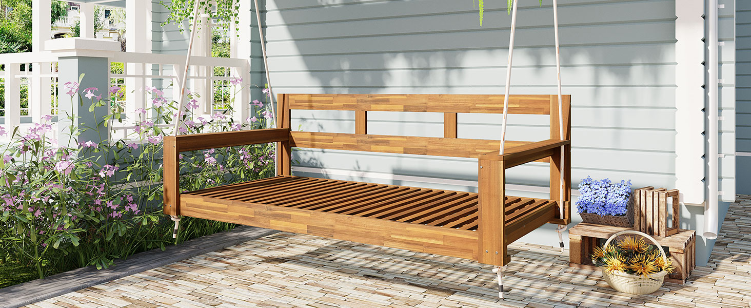 TOPMAX Patio Wooden Twin Size Porch Swing Daybed Frame, Garden Swing Bench Chair with 4 Hanging Ropes for Backyard,Outdoor,Natural - Image 3