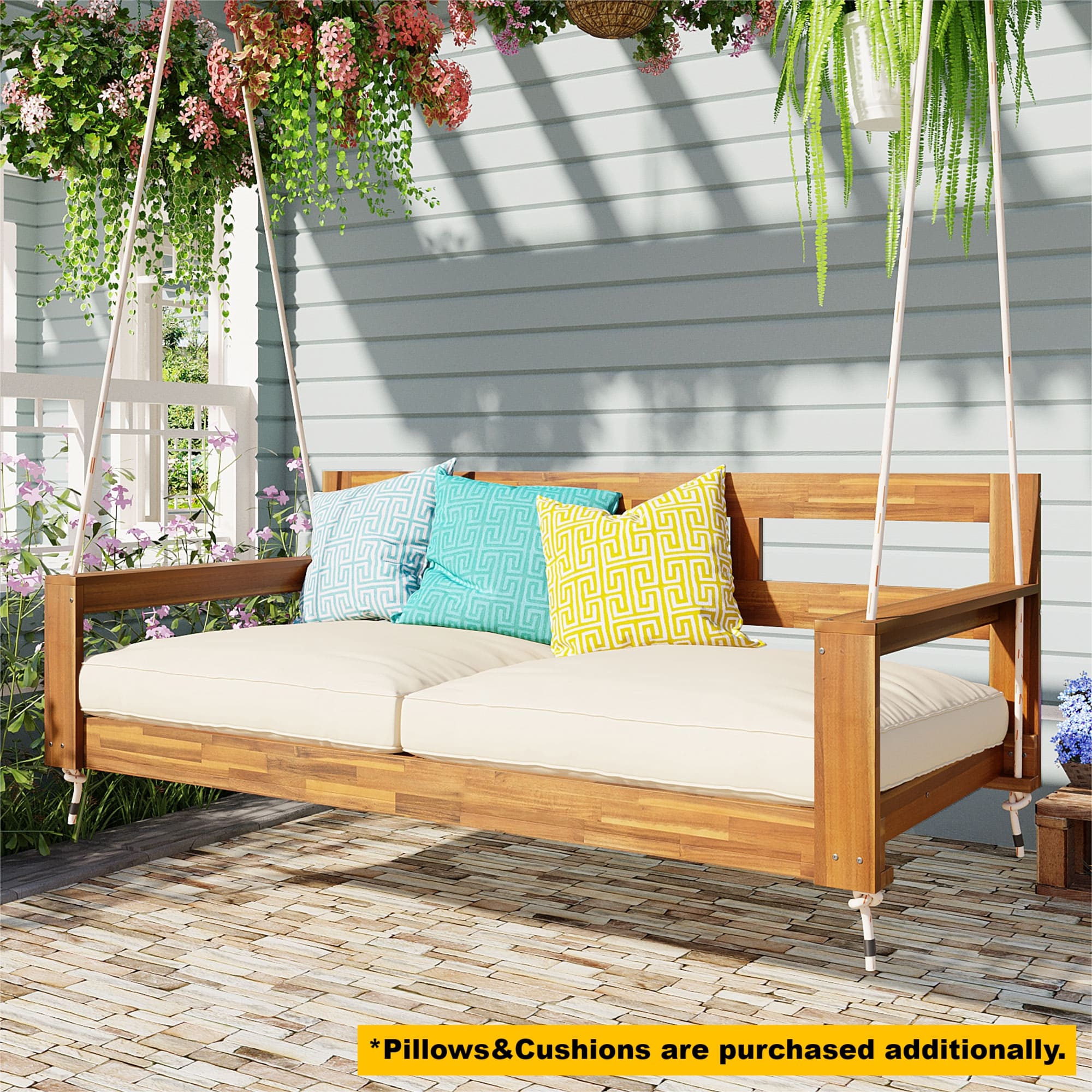TOPMAX Patio Wooden Twin Size Porch Swing Daybed Frame, Garden Swing Bench Chair with 4 Hanging Ropes for Backyard,Outdoor,Natural - Image 4