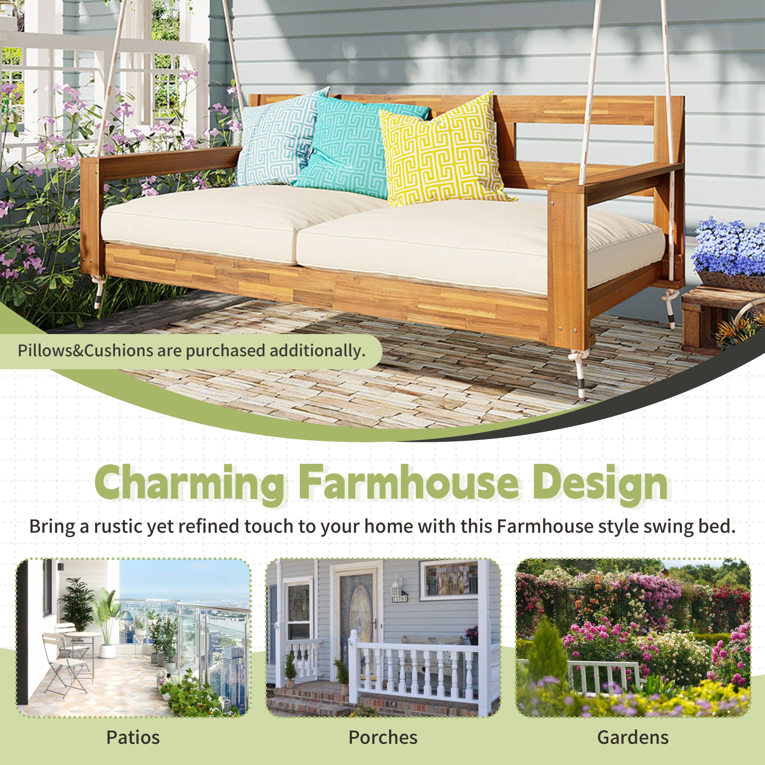 TOPMAX Patio Wooden Twin Size Porch Swing Daybed Frame, Garden Swing Bench Chair with 4 Hanging Ropes for Backyard,Outdoor,Natural - Image 5