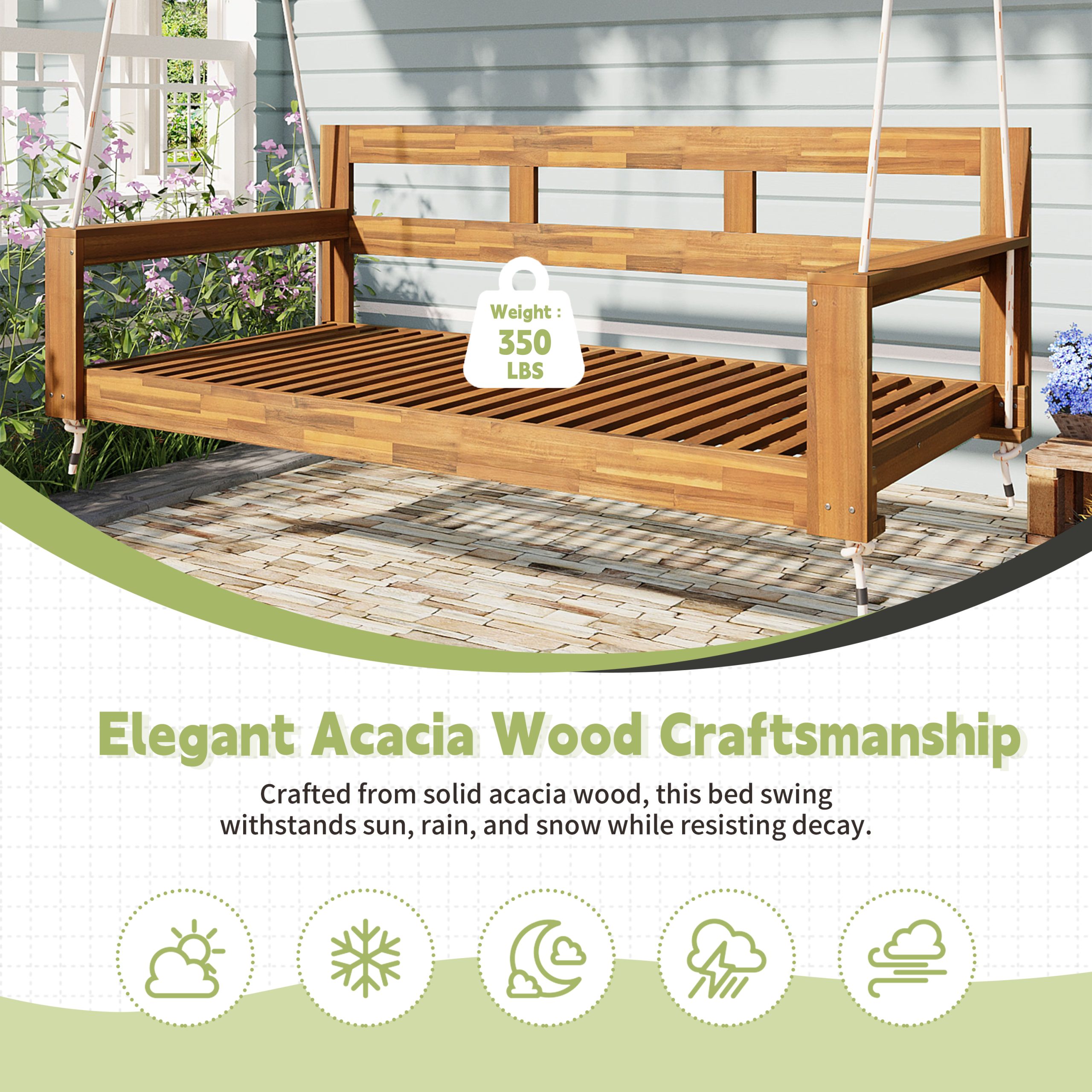 TOPMAX Patio Wooden Twin Size Porch Swing Daybed Frame, Garden Swing Bench Chair with 4 Hanging Ropes for Backyard,Outdoor,Natural - Image 6