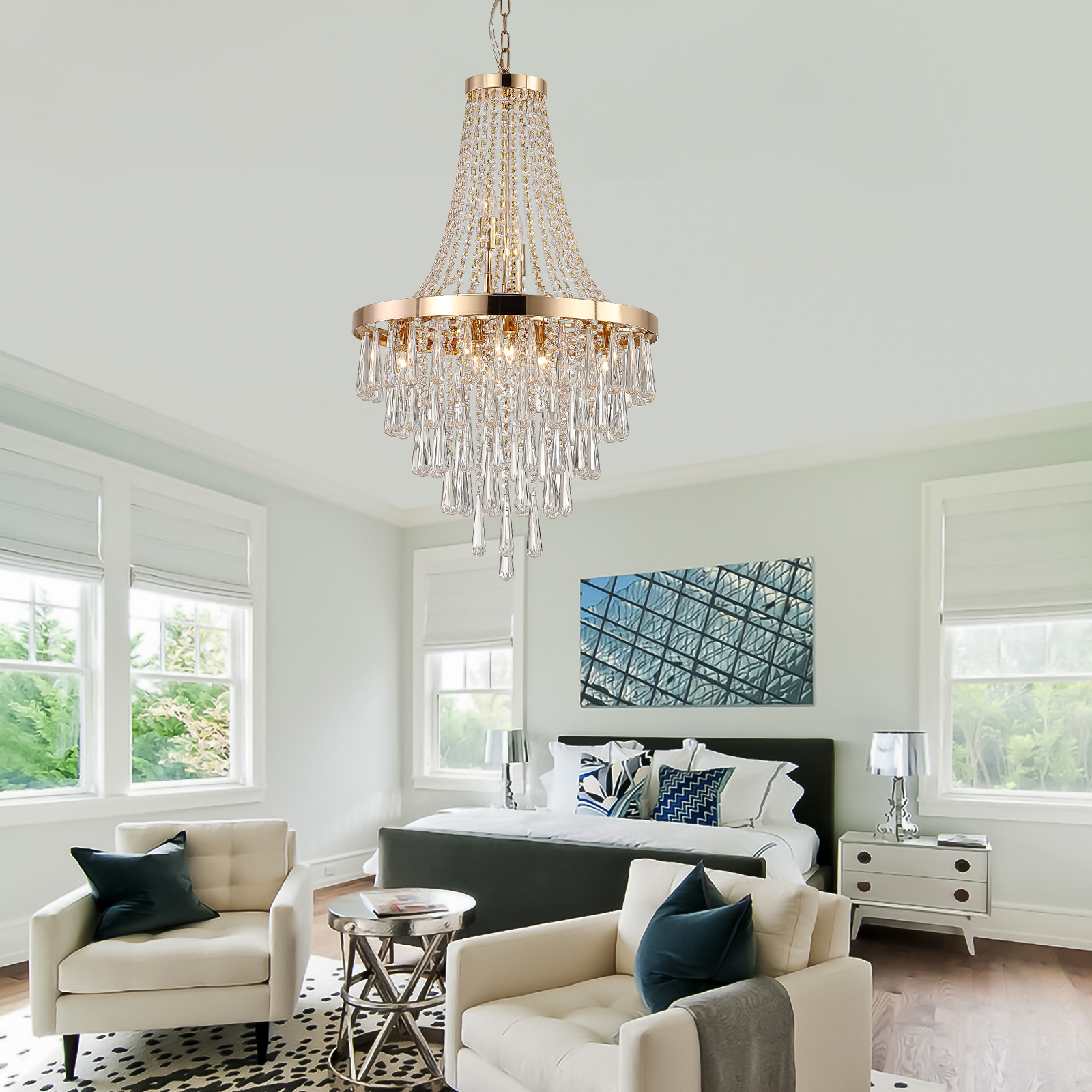 (Same as W1340102274/L5004) 20" Modern Crystal Pendant Chandelier with Golden Finish – Elegant 11-Light Hanging Light Fixture Tiered Design for Dining Room, Living Room, or Entryway (No Bulbs) - Image 3