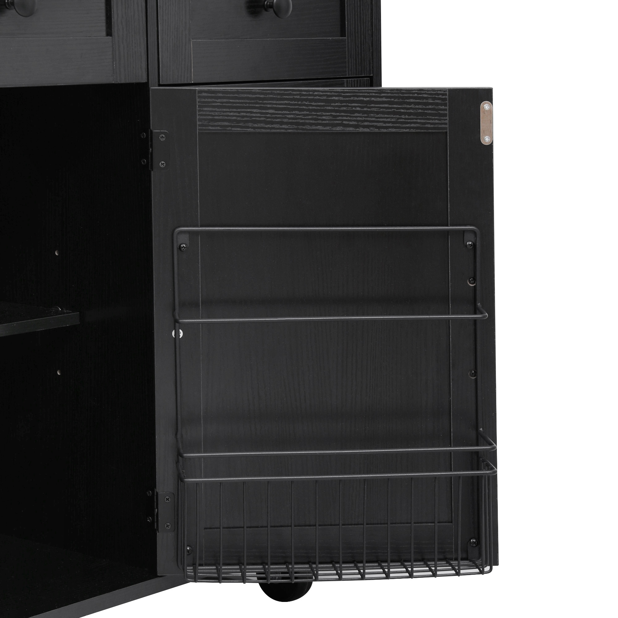 K&K 46.5'' Farmhouse Kitchen Island with Drape of Beads, Power Outlet, Rolling Kitchen Cart on Wheels with Drop Leaf, 3 Doors , 3 Drawers and Internal Iron Shelf, for Kitchen, Dining Room, Black - Image 2