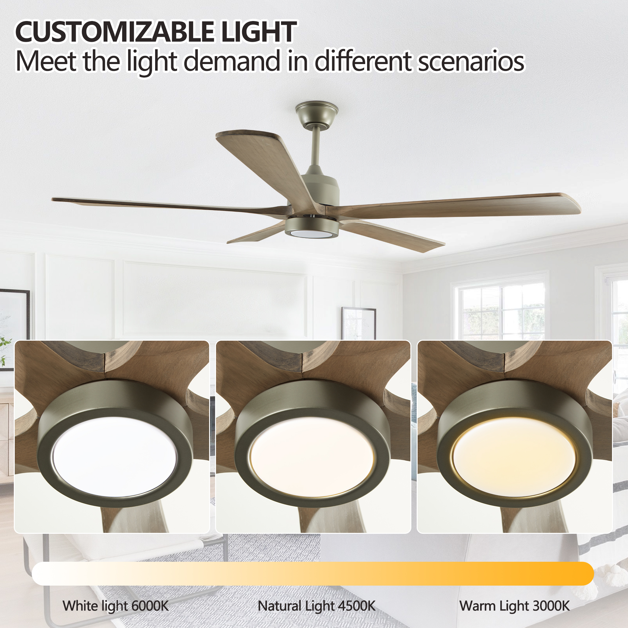 60" Modern Wood Ceiling Fan with Light and Remote Control,6-Speed Noiseless Reversible DC Motor, Ceiling Fan for Kitchen Dinning Living Room - Image 3