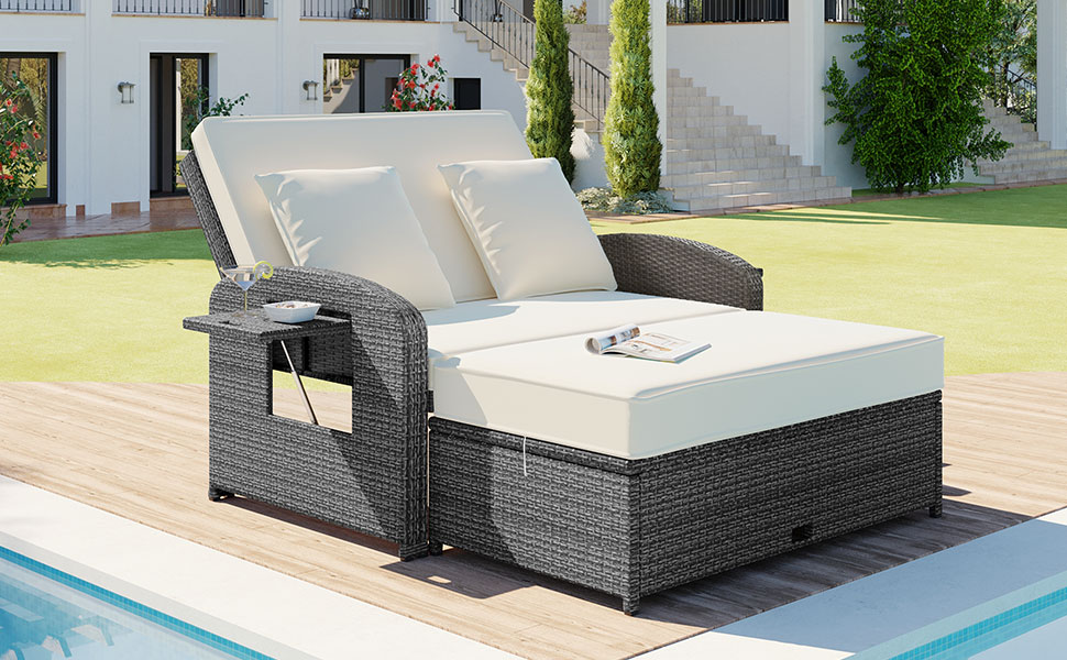 TOPMAX PE Wicker Rattan Double Chaise Lounge, 2-Person Reclining Daybed with Adjustable Back and Cushions, Free Furniture Protection Cover, White - Image 4
