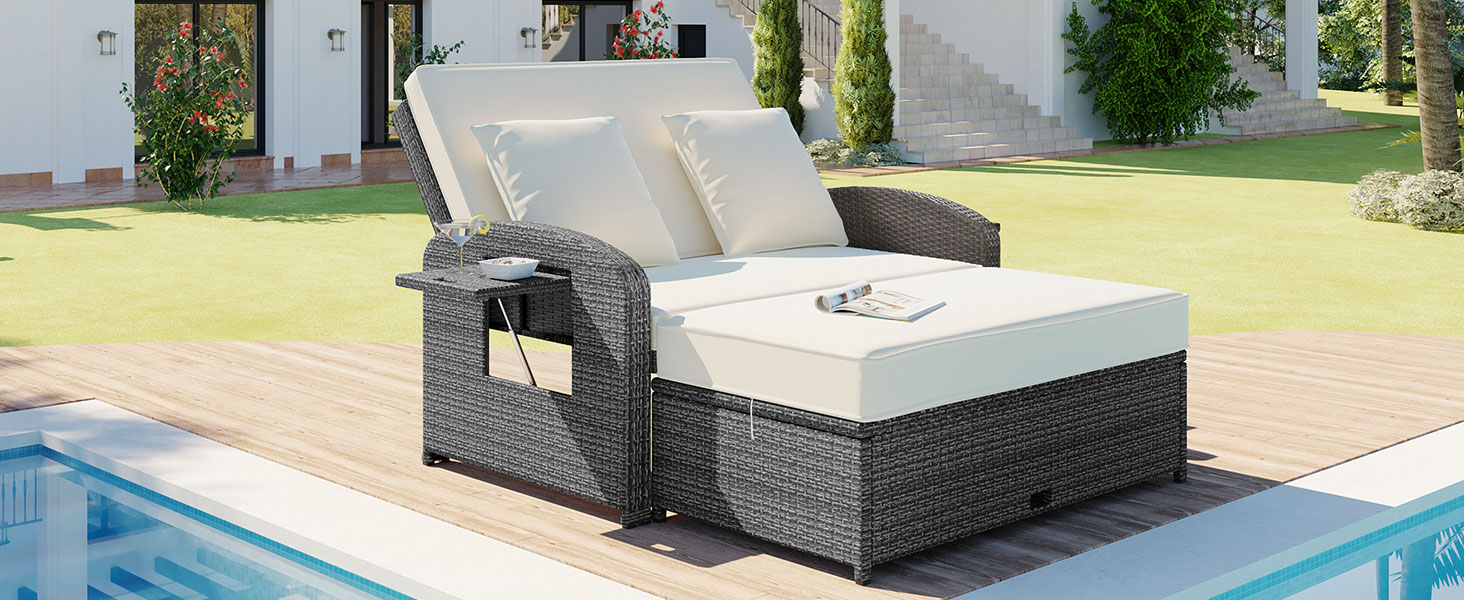 TOPMAX PE Wicker Rattan Double Chaise Lounge, 2-Person Reclining Daybed with Adjustable Back and Cushions, Free Furniture Protection Cover, White - Image 5