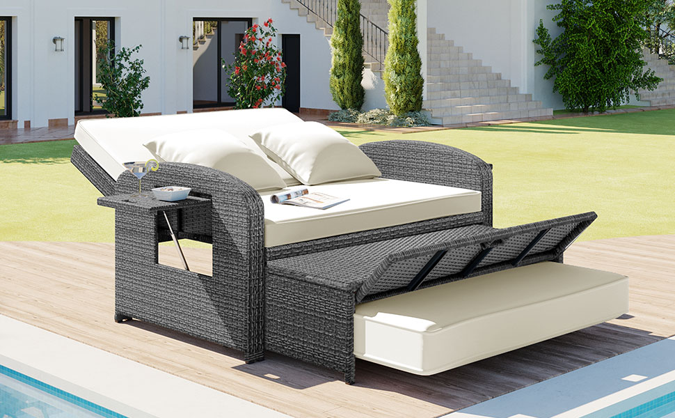 TOPMAX PE Wicker Rattan Double Chaise Lounge, 2-Person Reclining Daybed with Adjustable Back and Cushions, Free Furniture Protection Cover, White - Image 6