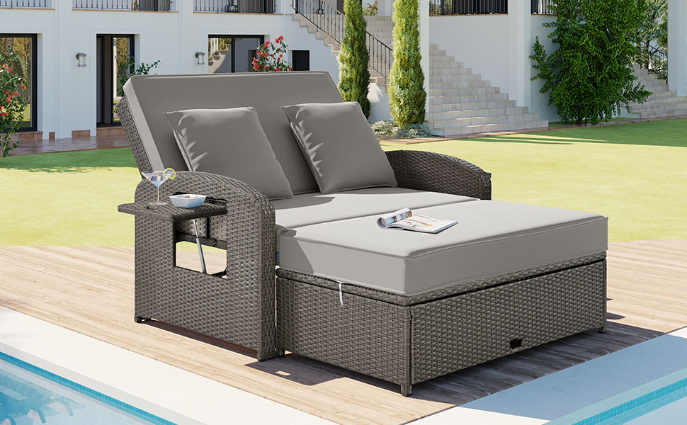 TOPMAX PE Wicker Rattan Double Chaise Lounge, 2-Person Reclining Daybed with Adjustable Back and Cushions, Free Furniture Protection Cover,Gray - Image 4