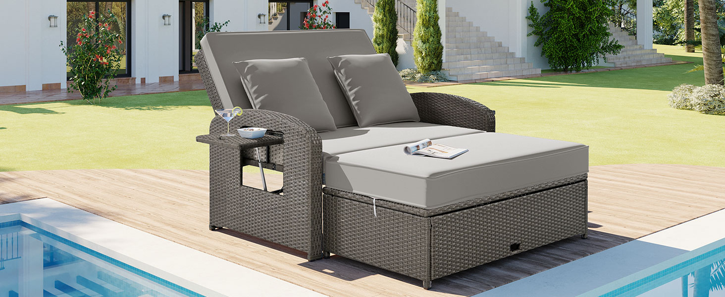 TOPMAX PE Wicker Rattan Double Chaise Lounge, 2-Person Reclining Daybed with Adjustable Back and Cushions, Free Furniture Protection Cover,Gray - Image 5