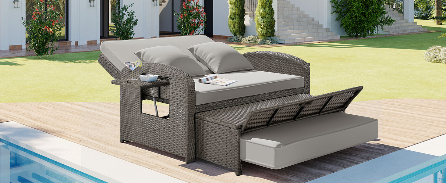 TOPMAX PE Wicker Rattan Double Chaise Lounge, 2-Person Reclining Daybed with Adjustable Back and Cushions, Free Furniture Protection Cover,Gray - Image 6