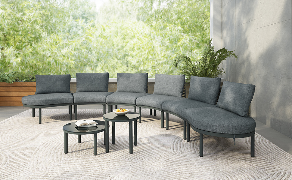 TOPMAX 8-Piece Patio Sofa Furniture Set, Half Moon Outdoor Sectional Sofa with 2 High-Low Coffee Tables, PE Wicker Rattan, Tempered Glass, 6 Pillows & Cushions, for Backyard, Garden, Poolside,Gray - Image 4