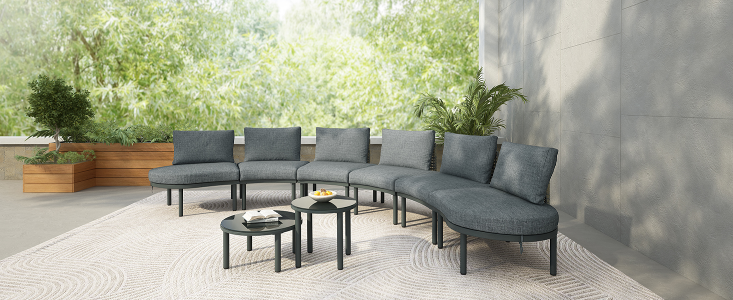 TOPMAX 8-Piece Patio Sofa Furniture Set, Half Moon Outdoor Sectional Sofa with 2 High-Low Coffee Tables, PE Wicker Rattan, Tempered Glass, 6 Pillows & Cushions, for Backyard, Garden, Poolside,Gray - Image 3