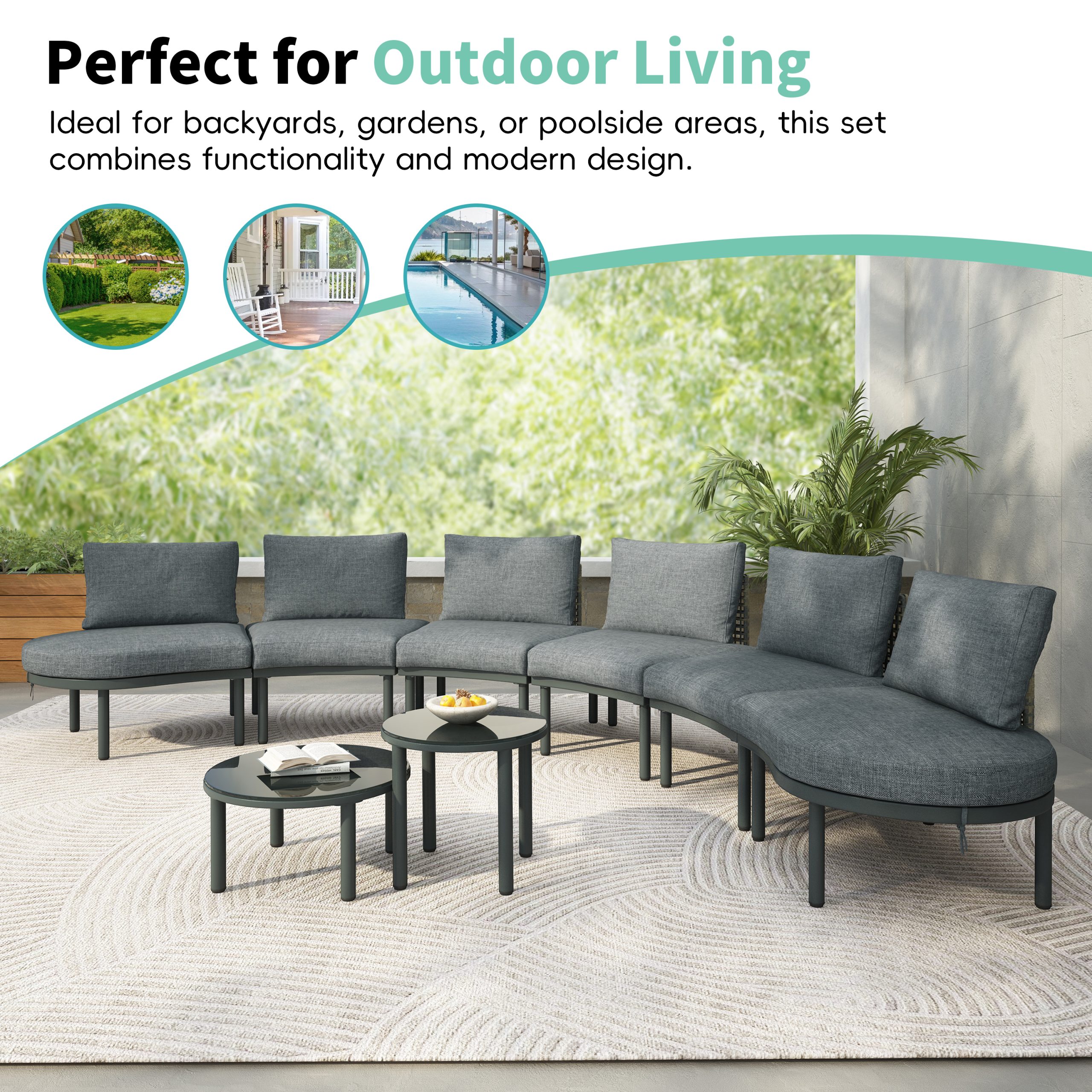 TOPMAX 8-Piece Patio Sofa Furniture Set, Half Moon Outdoor Sectional Sofa with 2 High-Low Coffee Tables, PE Wicker Rattan, Tempered Glass, 6 Pillows & Cushions, for Backyard, Garden, Poolside,Gray - Image 5