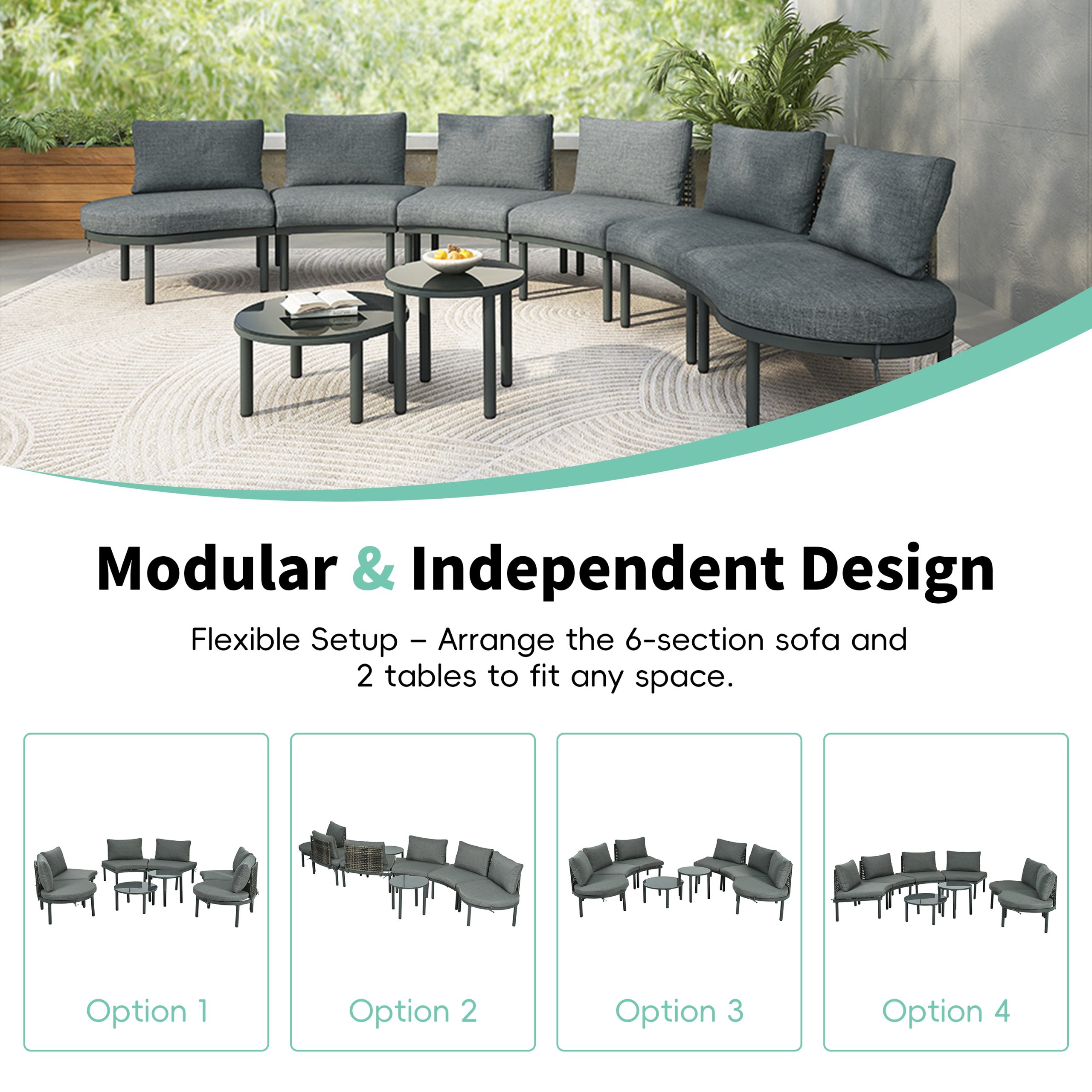 TOPMAX 8-Piece Patio Sofa Furniture Set, Half Moon Outdoor Sectional Sofa with 2 High-Low Coffee Tables, PE Wicker Rattan, Tempered Glass, 6 Pillows & Cushions, for Backyard, Garden, Poolside,Gray - Image 6