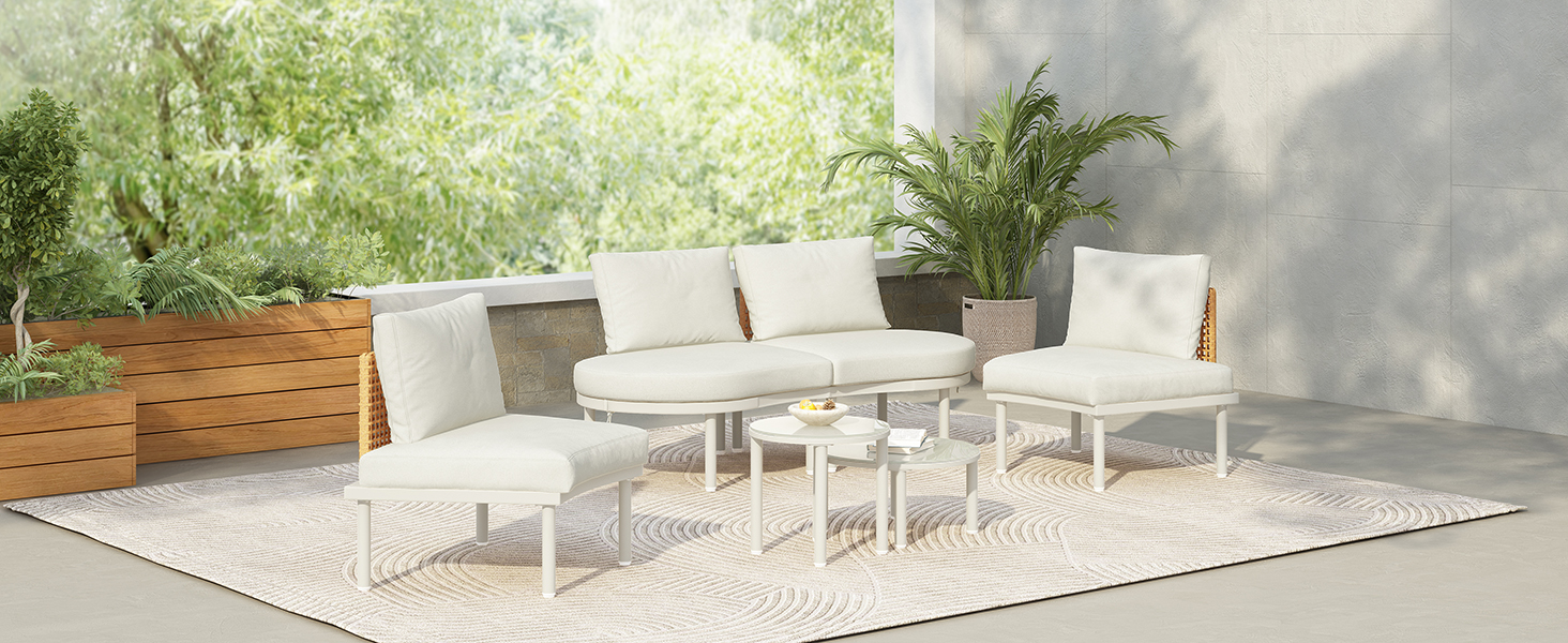 TOPMAX 6-Piece Patio Sofa Furniture Set, Half Moon Outdoor Sectional Sofa with 2 High-Low Coffee Tables, PE Wicker Rattan, Tempered Glass, 4 Pillows & Cushions, for Backyard, Garden, Poolside,Beige - Image 3