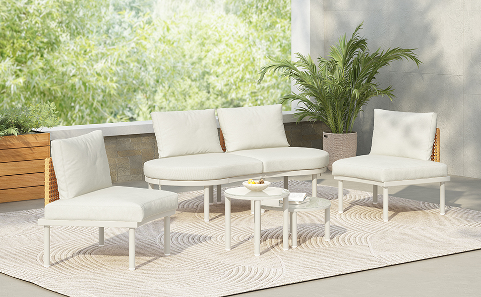 TOPMAX 6-Piece Patio Sofa Furniture Set, Half Moon Outdoor Sectional Sofa with 2 High-Low Coffee Tables, PE Wicker Rattan, Tempered Glass, 4 Pillows & Cushions, for Backyard, Garden, Poolside,Beige - Image 4