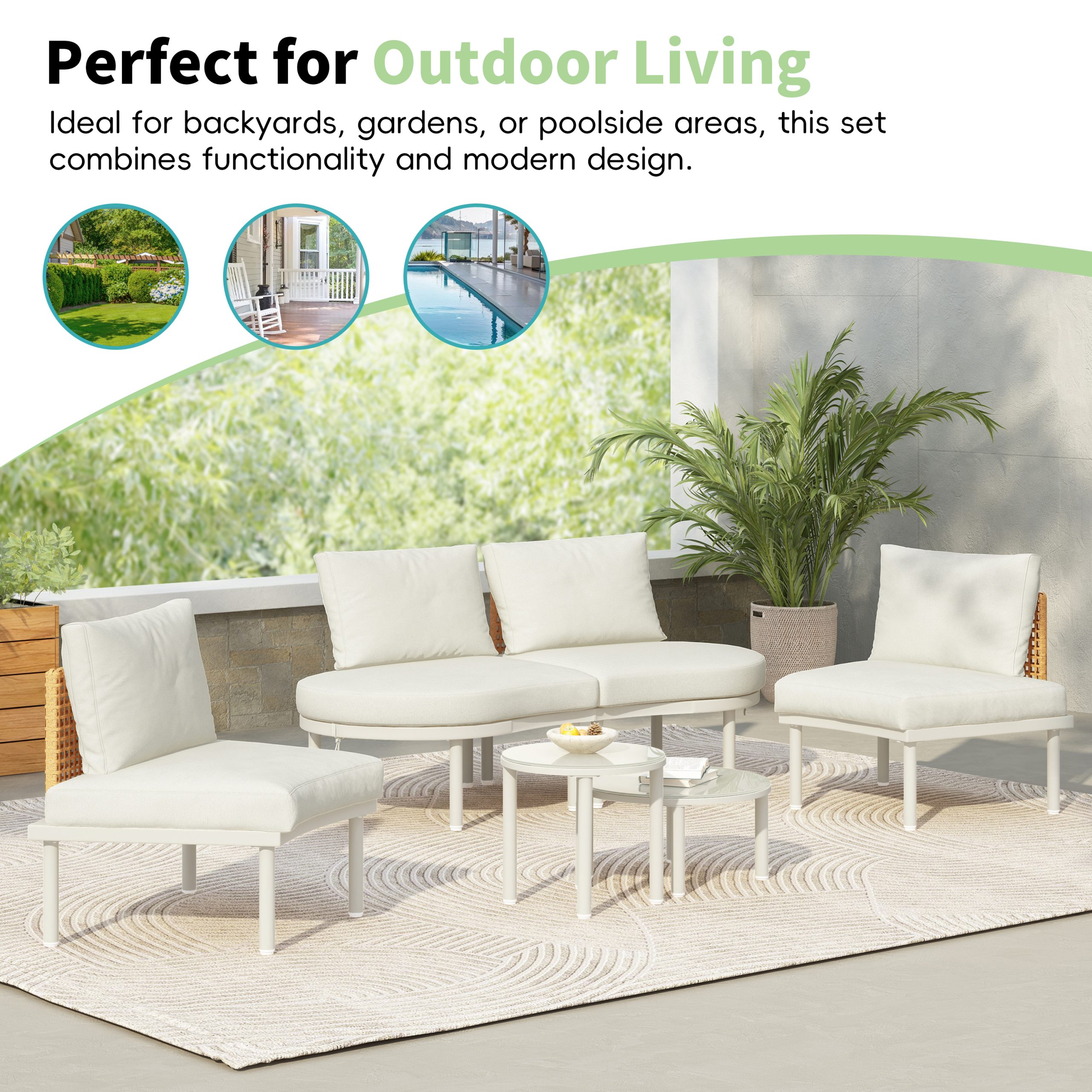 TOPMAX 6-Piece Patio Sofa Furniture Set, Half Moon Outdoor Sectional Sofa with 2 High-Low Coffee Tables, PE Wicker Rattan, Tempered Glass, 4 Pillows & Cushions, for Backyard, Garden, Poolside,Beige - Image 5