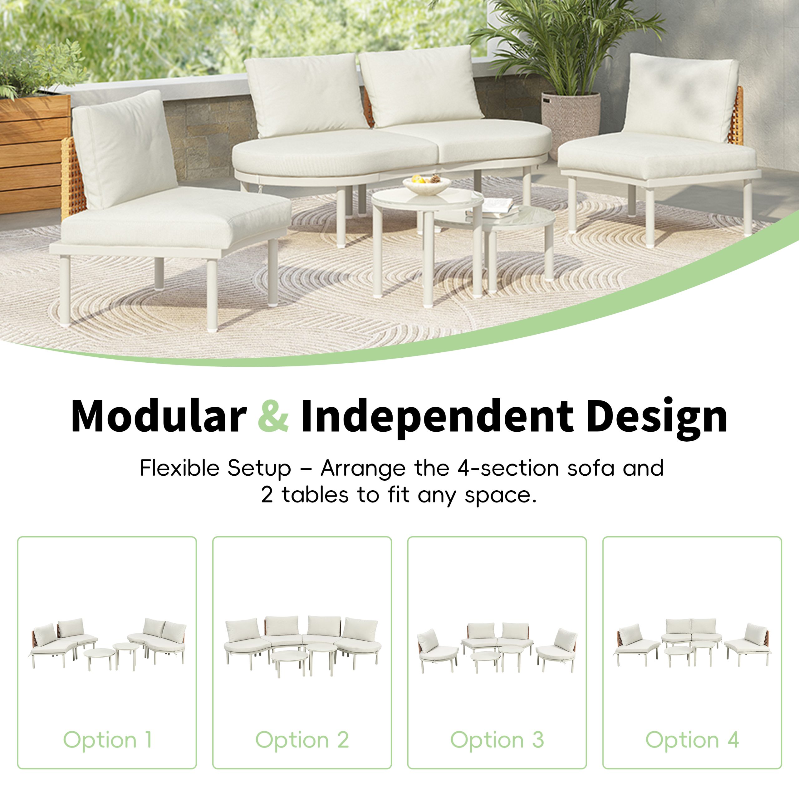 TOPMAX 6-Piece Patio Sofa Furniture Set, Half Moon Outdoor Sectional Sofa with 2 High-Low Coffee Tables, PE Wicker Rattan, Tempered Glass, 4 Pillows & Cushions, for Backyard, Garden, Poolside,Beige - Image 6