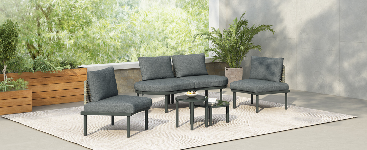 TOPMAX 6-Piece Patio Sofa Furniture Set, Half Moon Outdoor Sectional Sofa with 2 High-Low Coffee Tables, PE Wicker Rattan, Tempered Glass, 4 Pillows & Cushions, for Backyard, Garden, Poolside,Gray - Image 3