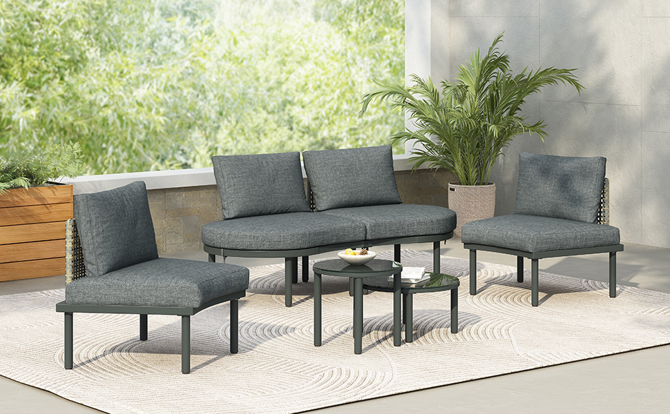 TOPMAX 6-Piece Patio Sofa Furniture Set, Half Moon Outdoor Sectional Sofa with 2 High-Low Coffee Tables, PE Wicker Rattan, Tempered Glass, 4 Pillows & Cushions, for Backyard, Garden, Poolside,Gray - Image 4