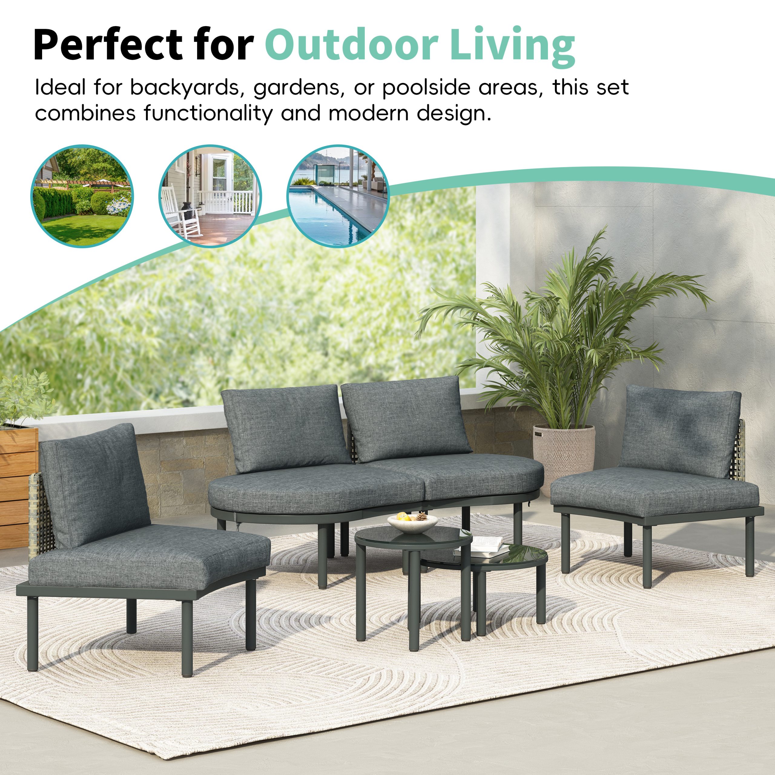 TOPMAX 6-Piece Patio Sofa Furniture Set, Half Moon Outdoor Sectional Sofa with 2 High-Low Coffee Tables, PE Wicker Rattan, Tempered Glass, 4 Pillows & Cushions, for Backyard, Garden, Poolside,Gray - Image 5